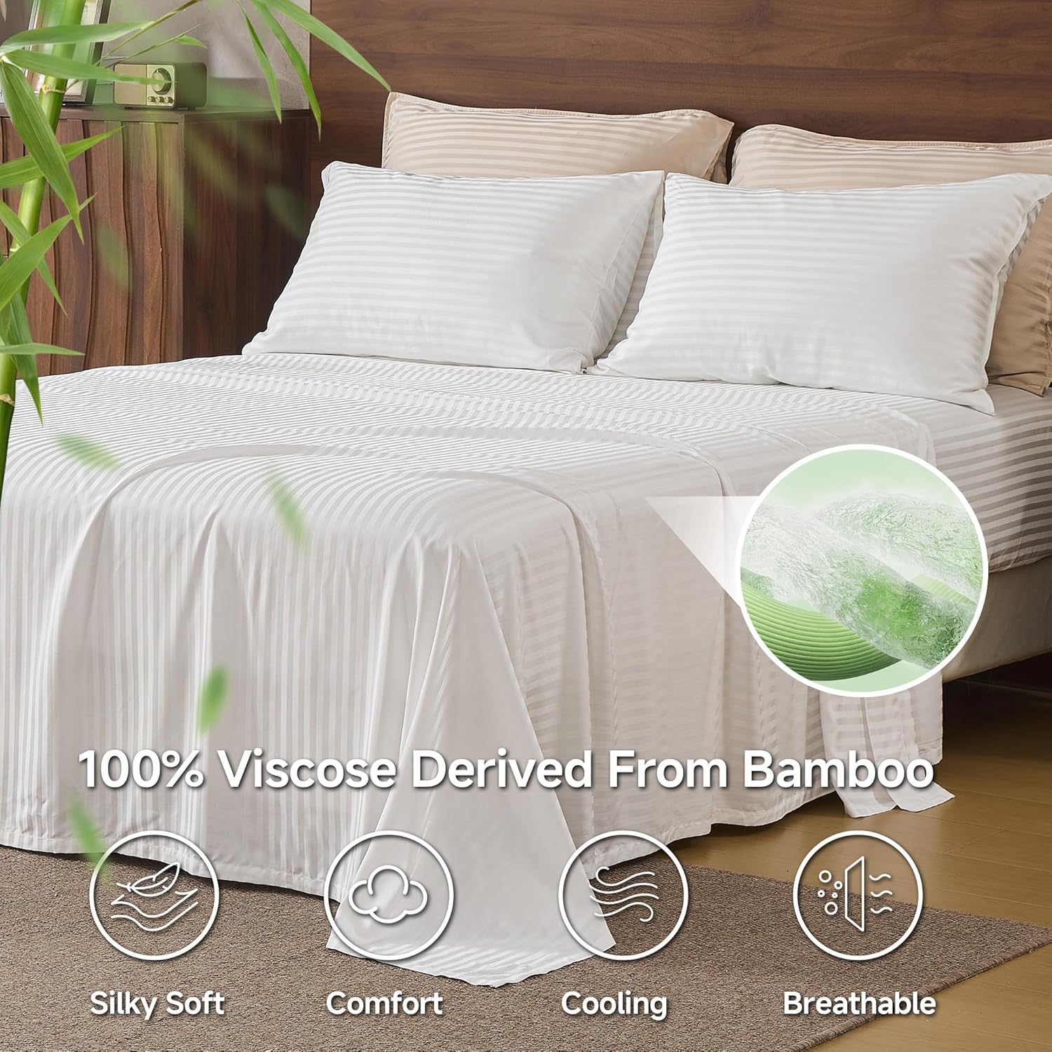 Simple&Opulence 100% Viscose Derived from Bamboo Sheet Set 4pcs Luxury Cooling Soft Breathable Satin Striped Bed Sheet Set with 15-Inch Deep Pocket Perfect for Hot Sleepers (White,Queen)
