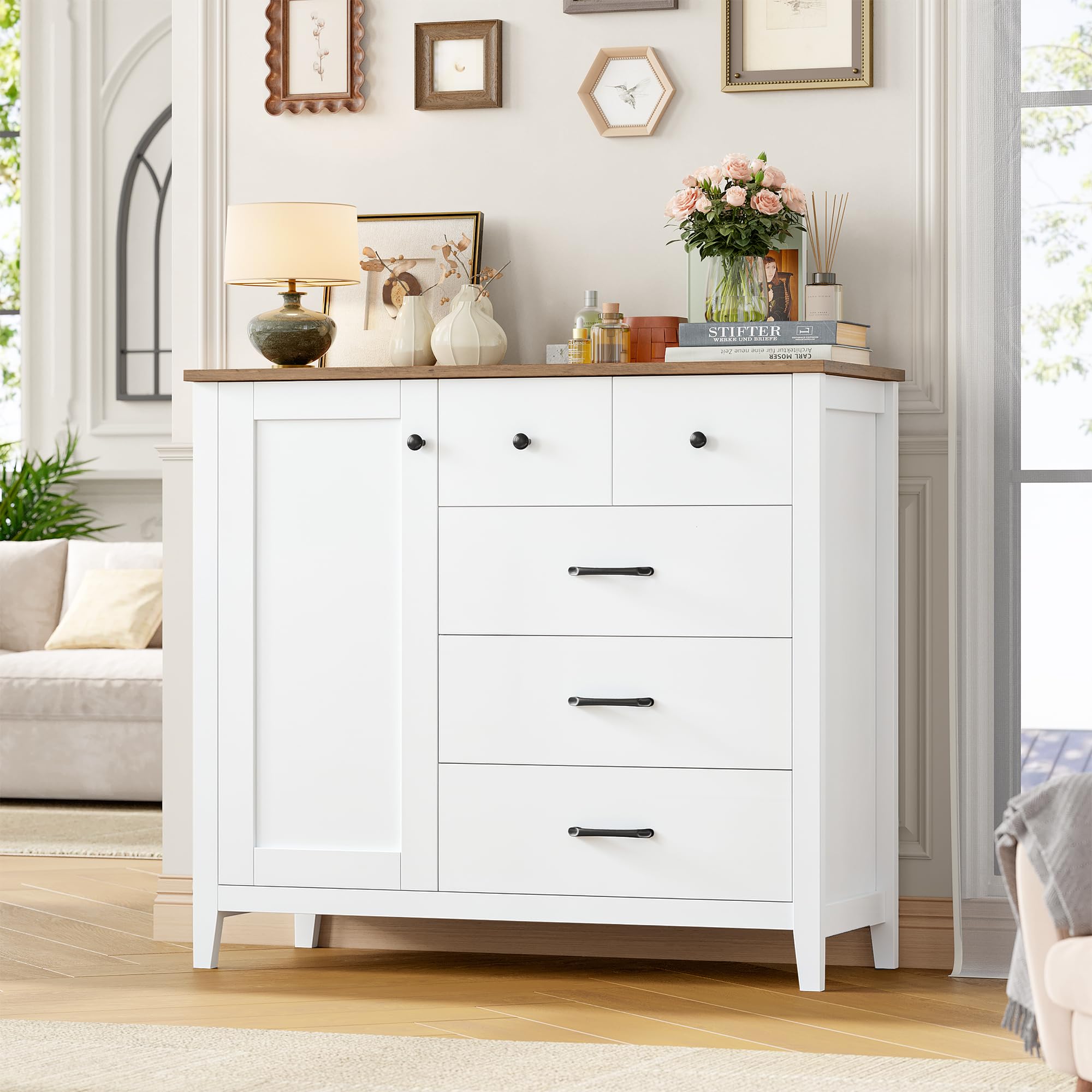 HOCSOK Küchenschrank Weiß, Sideboard mit 5 Schubladen und 1 Türe, Buffetschrank mit Arbeitsplatte für Küche, Esszimmer, Wohnzimmer, Flur, Holz, 100x94x40 cm