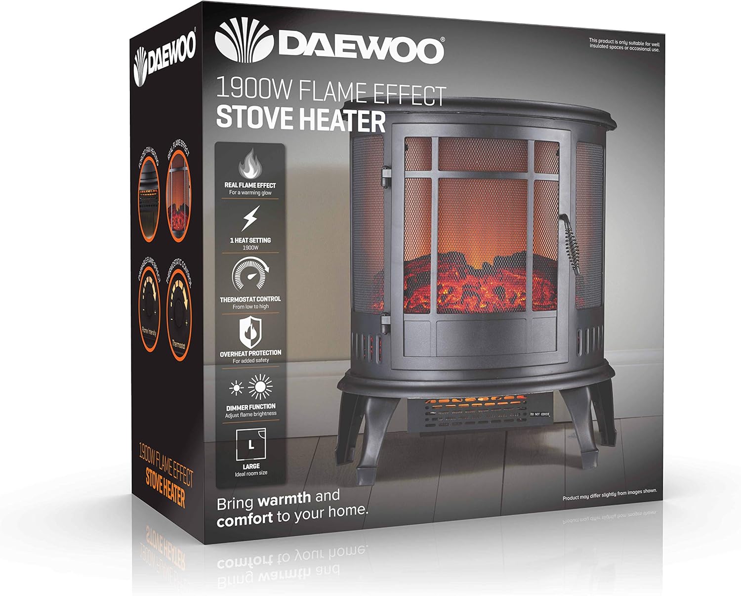 Daewoo 1900W Electric Fire Flame Effect Curved Stove Heater Free