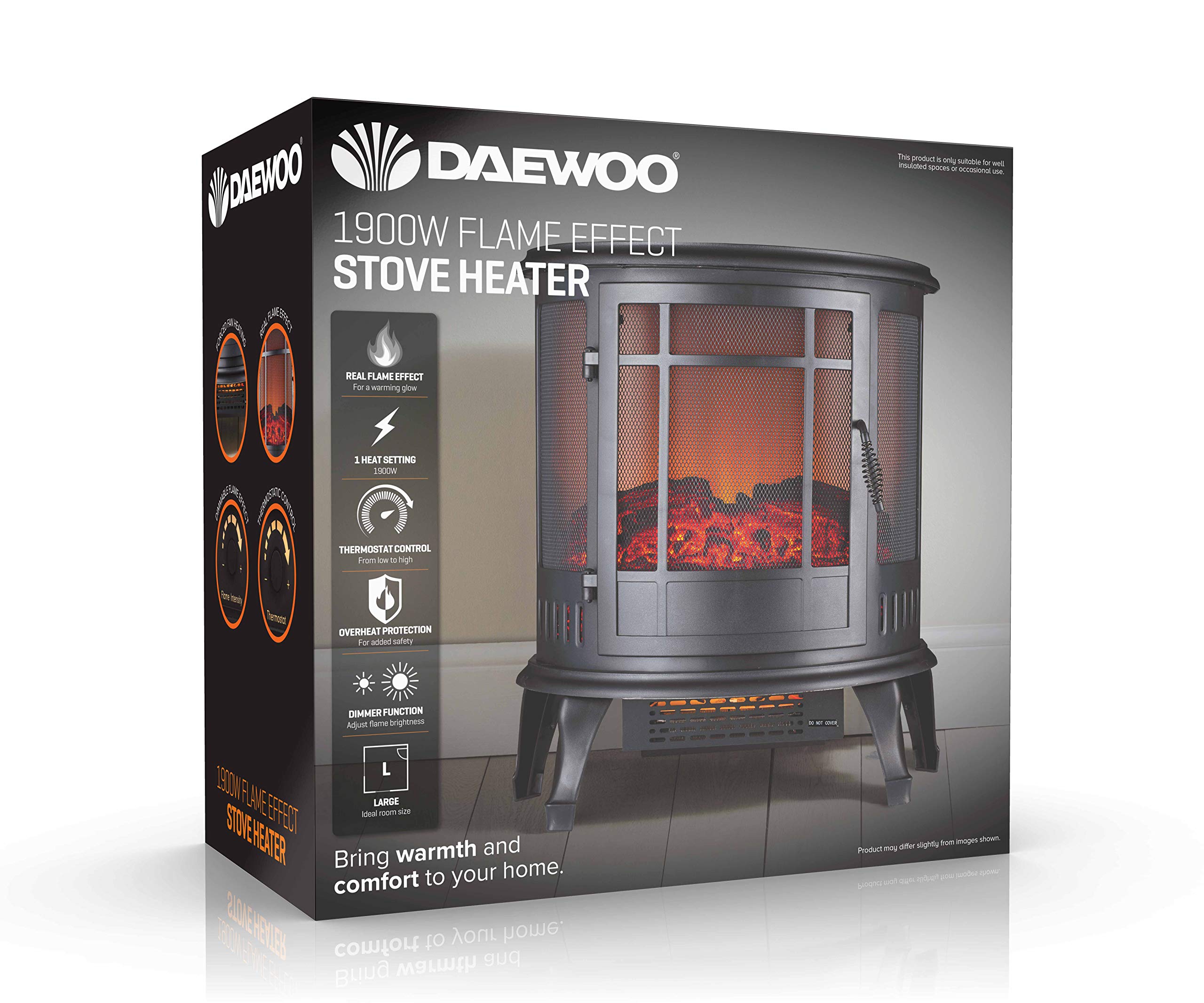 Daewoo 1900W Electric Fire Flame Effect Curved Stove Heater Free Standing Fireplace, Functional