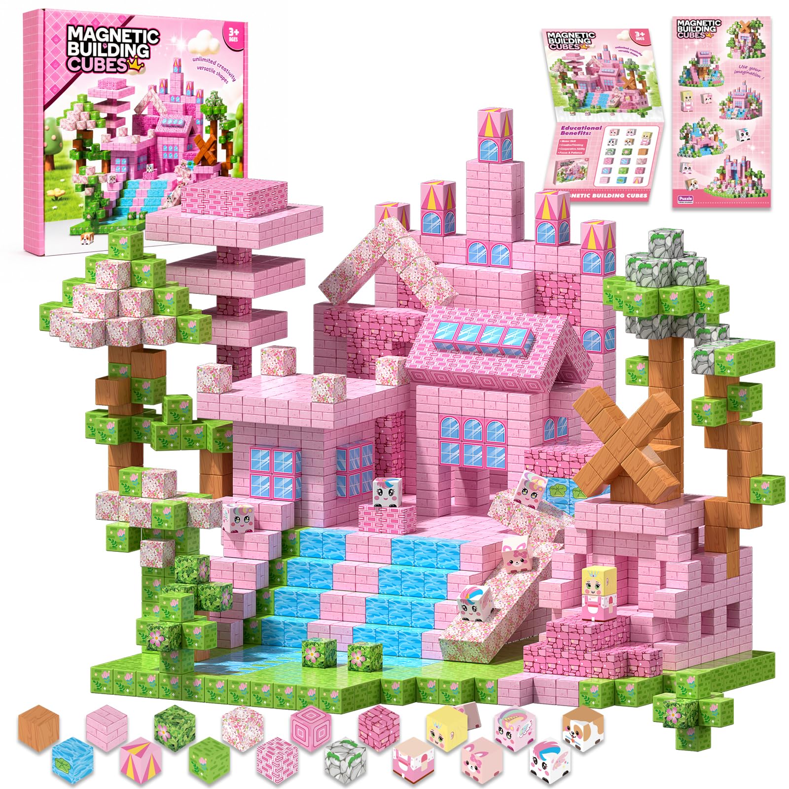 100PCS Magnetic Building Blocks, Princess Garden Theme Castle Building Set, STEM Construction Cubes Forest River Set, Montessori Sensory Stacking Cubes Toy for Kids Ages 3+ Party Birthday Gift (Pink)