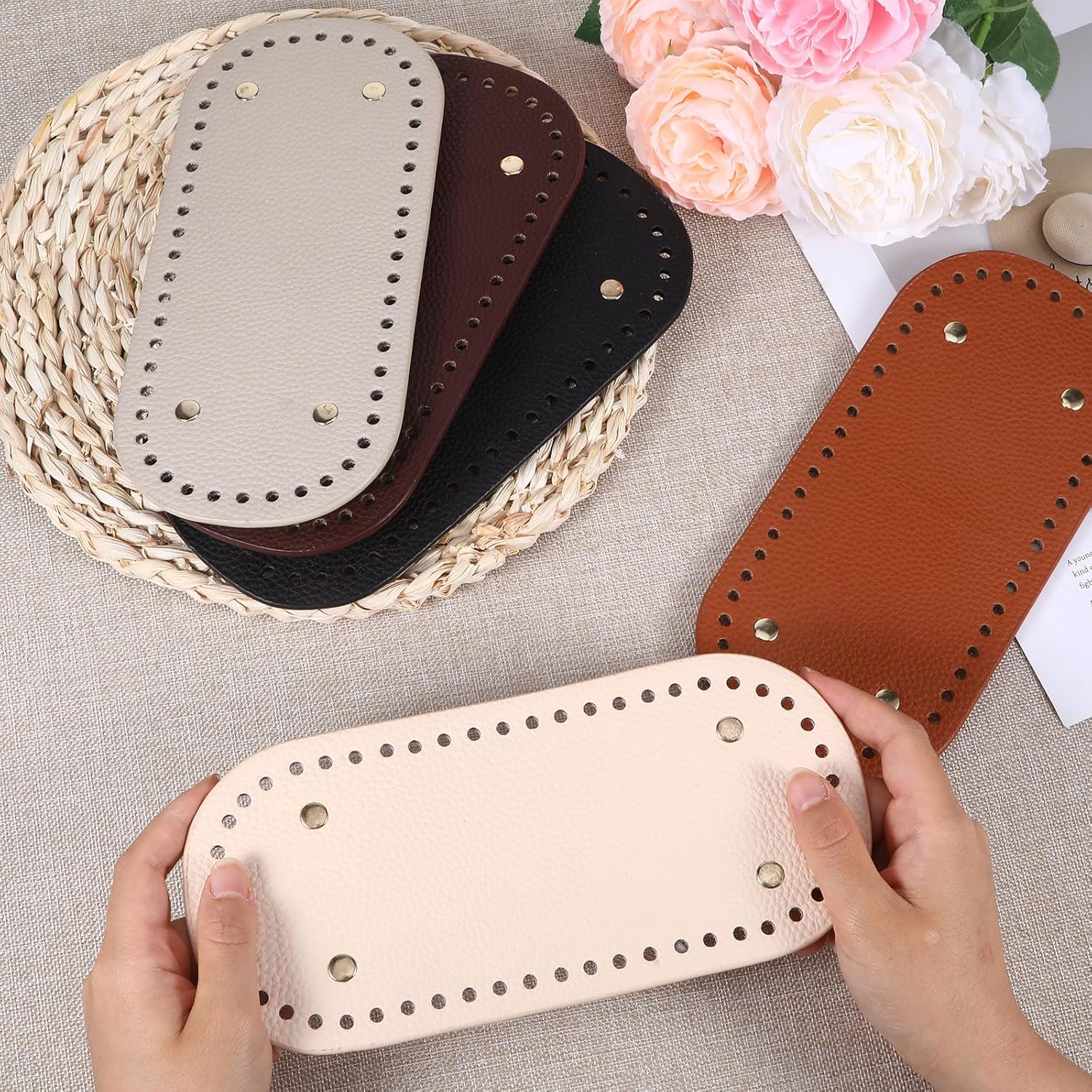 5pcs 3.9 x 11.8 Inch Long Oval Purse Bottoms for Crochet Bags, 5 Colors Pu Crochet Bag Bottom, with Hole Base Shaping Pads, for DIY Making, Purse, Wallets, Tote, Handbag, Craft Making - Image 3