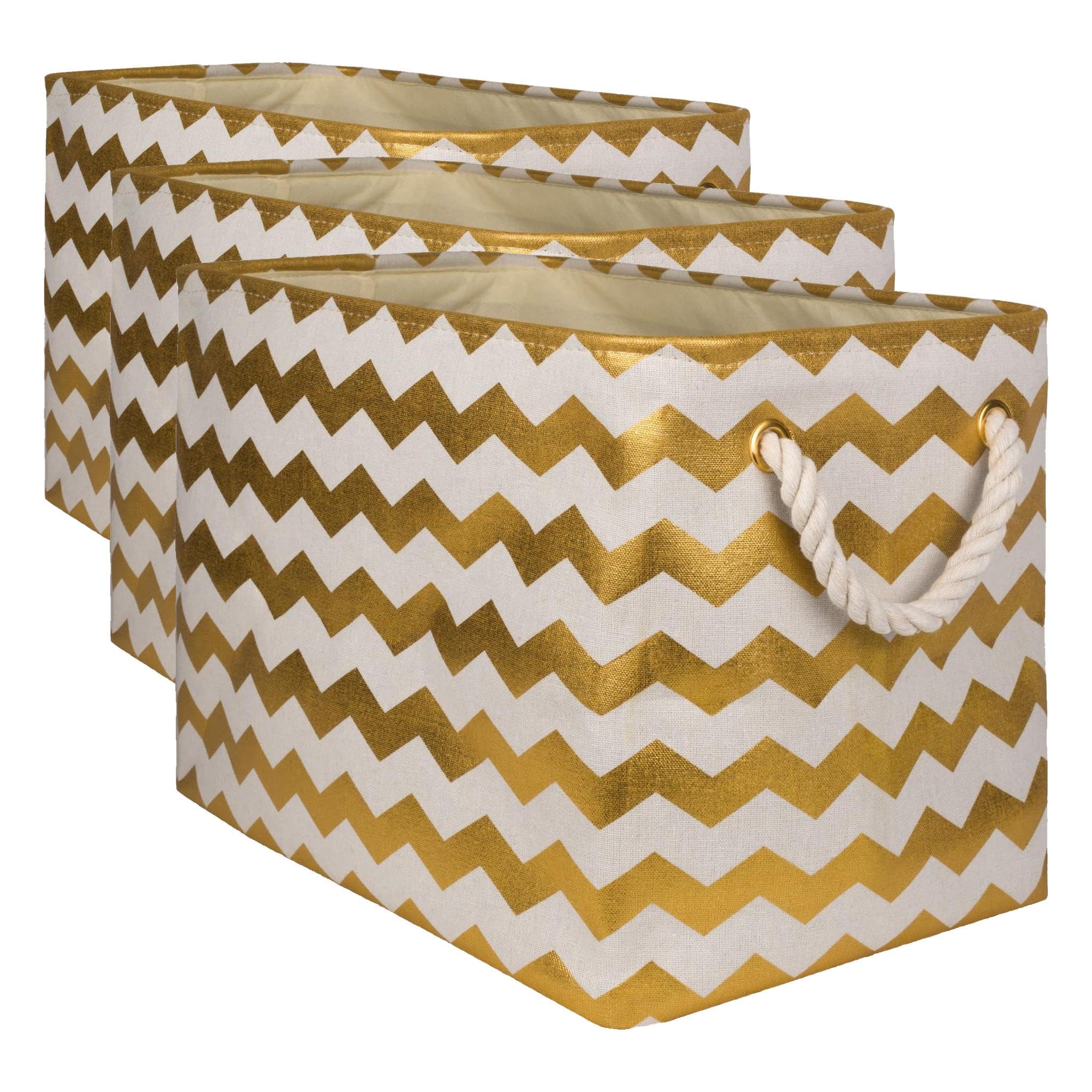 DII Polyester Container with Handles, Chevron Storage Bin, Medium, Gold (Pack of 3)