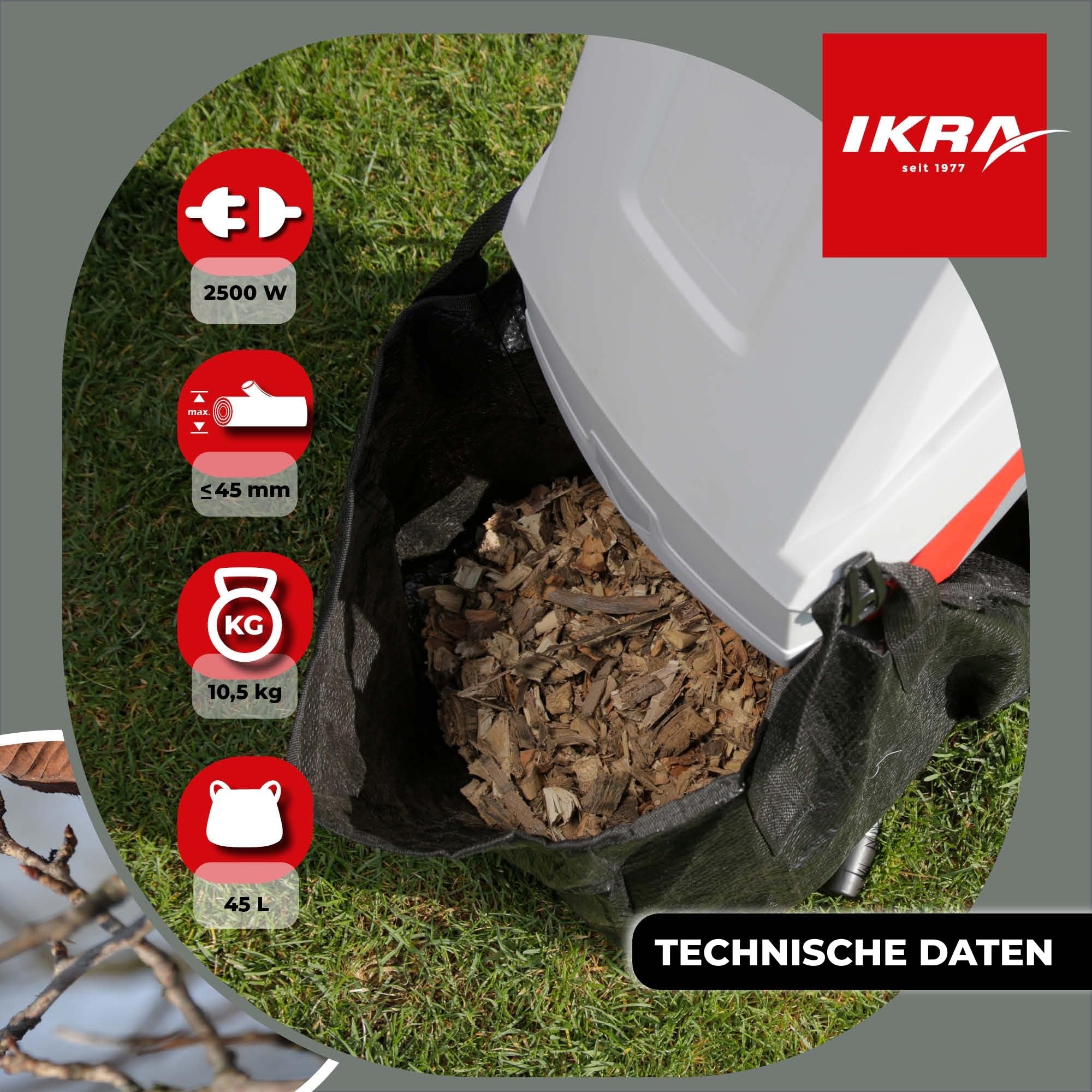 IKRA IMH 2500 Elektro Gartenhäcksler, 2500W, Messerhäcksler mit Fangsack 45l