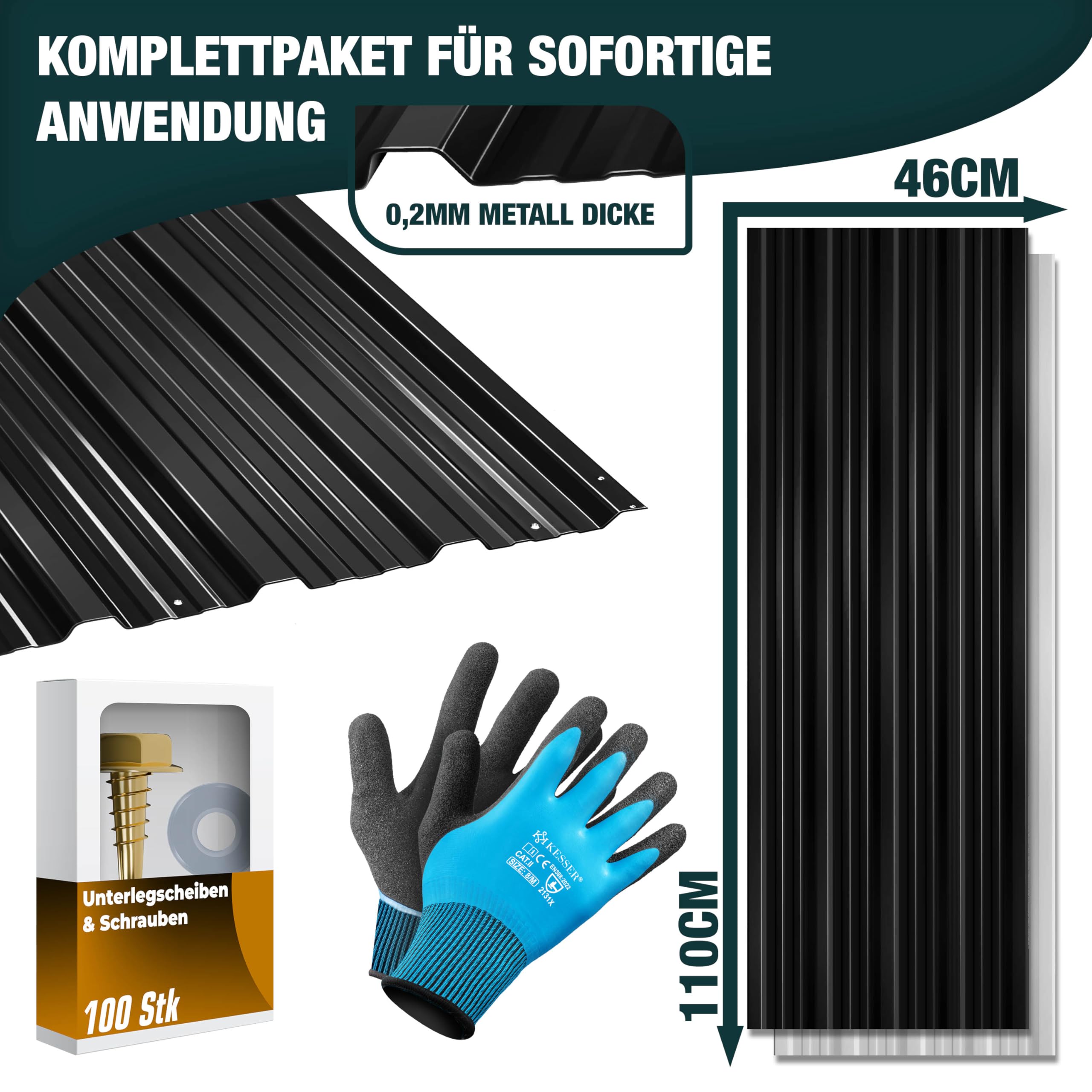 KESSER Chapa trapezoidal de 7 m², 12 unidades, para cobertizo, placas de techo de acero galvanizado de 0,25 mm, incluye guantes de montaje (negro, 110 x 46 cm/14 unidades)