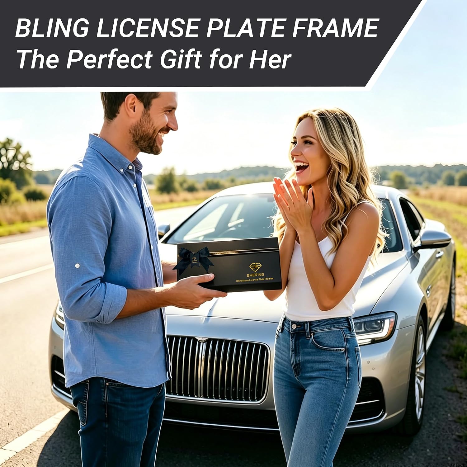 Shering 2 Pack Bling License Plate Frames for Women, Stainless Steel, 1200pcs Rhinestone Sparkly Diamond, Handmade Bedazzled Cover (ABCo)