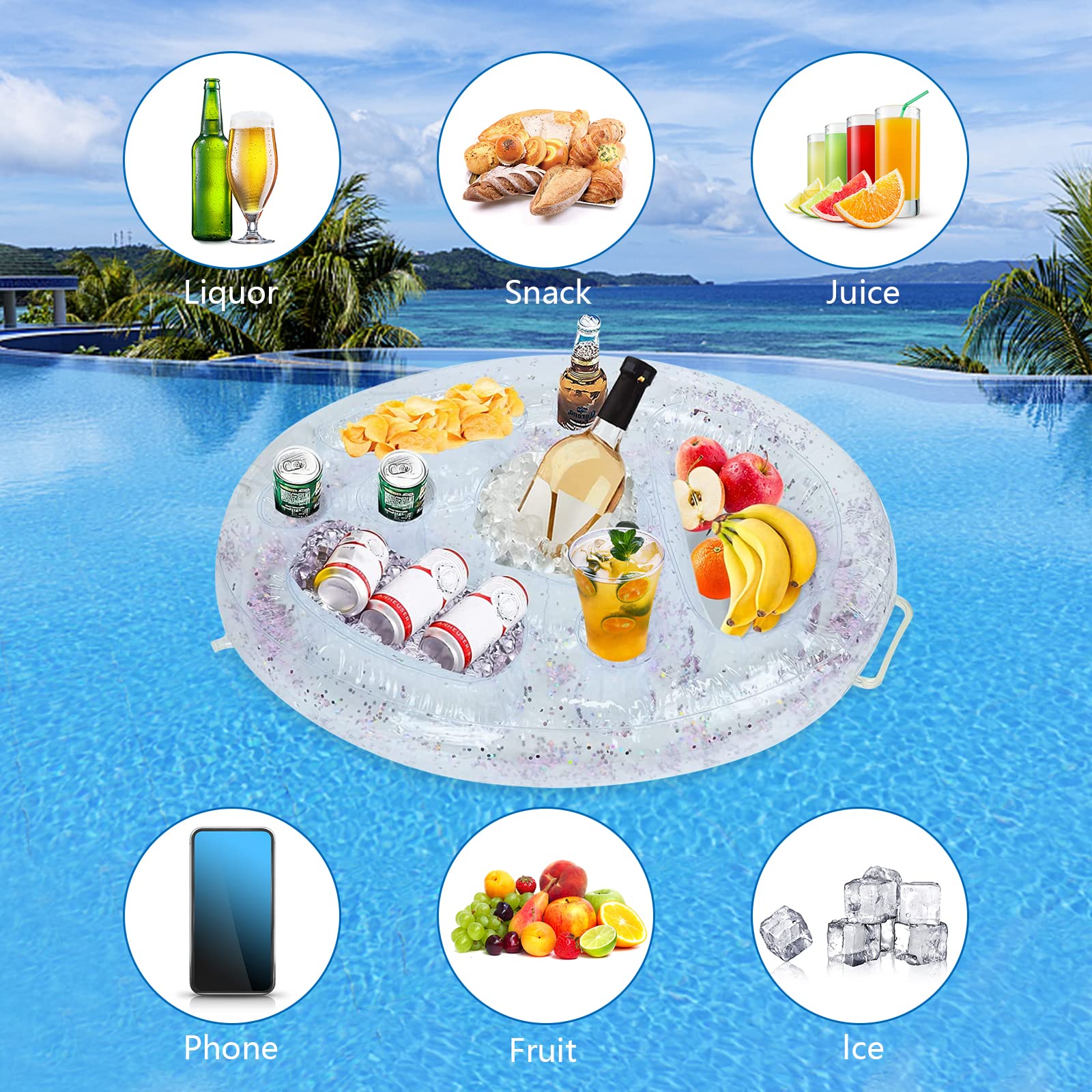 Posavasos hinchable 2 en 1 para bebidas y aperitivos con 8 agujeros, posavasos flotante hinchable para piscina, barra flotante para piscina para fiesta en la piscina, playa, fiesta