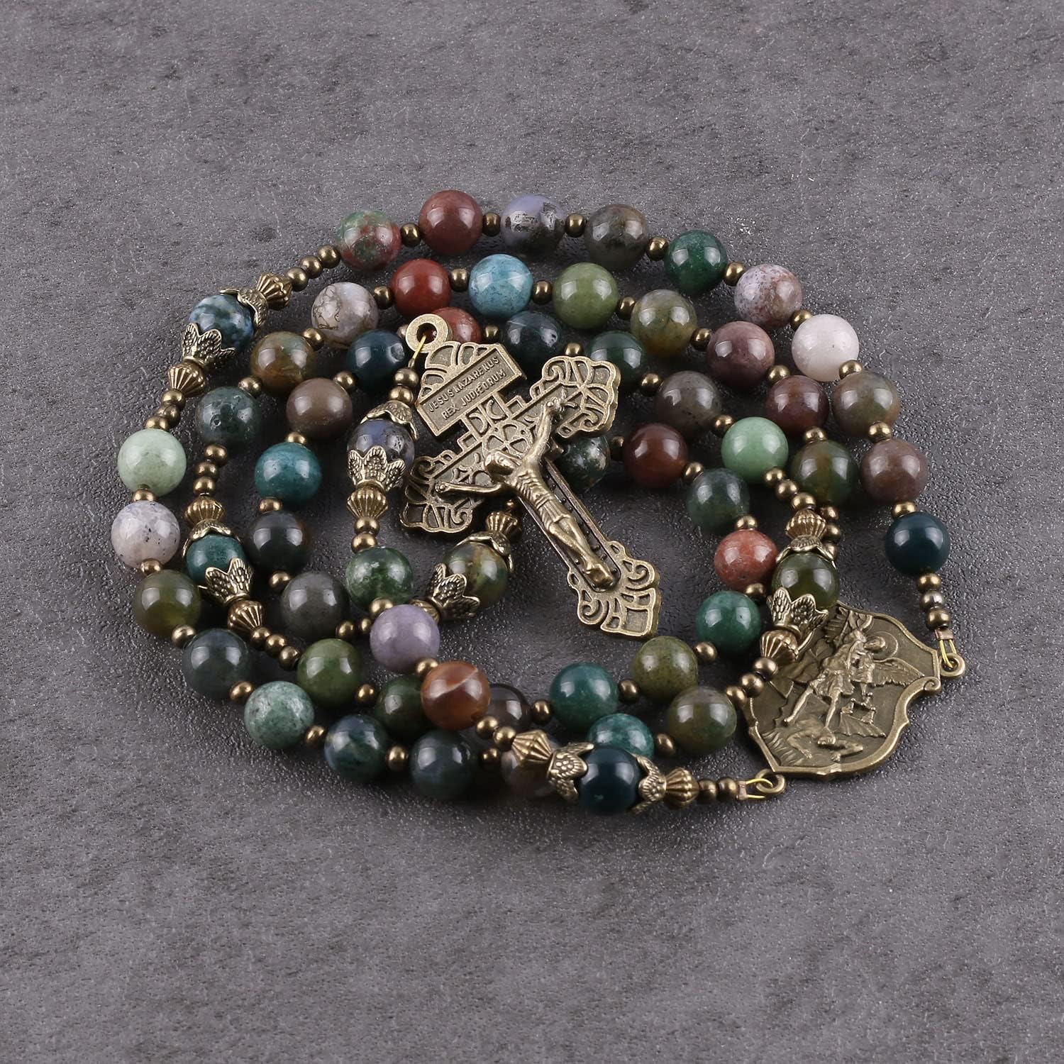 8mm Natural Stone Beads Large Rosary with Caps Miraculous Medal and Pardon Crucifix - Image 4