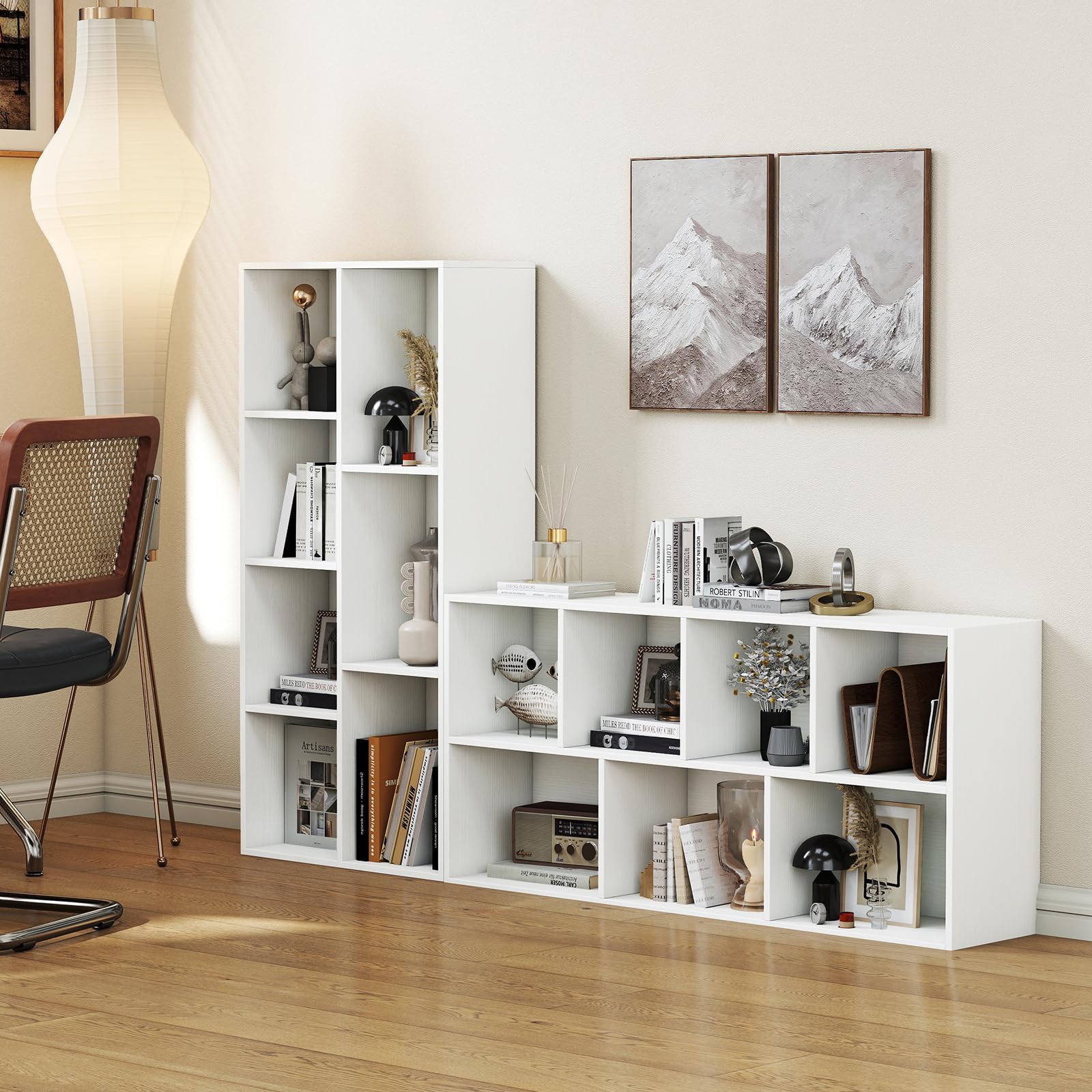 KOMFOTTEU Librería Abierta con 7 Cubos, Estantería para Libros Vertical y Horizontal, Mueble de Almacenamiento de Madera con 2 Kits Antideslizantes, para Salón Oficina, 49,5 x 23 x 106 cm (Blanco)
