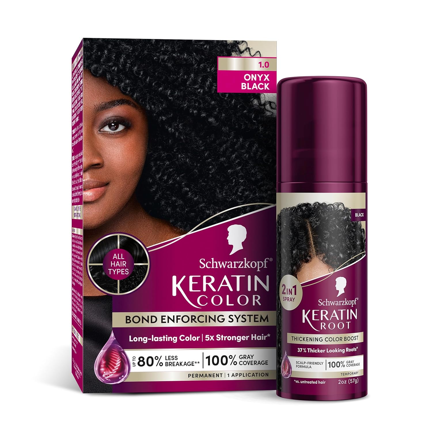 Get Full Head Coverage with Schwarzkopf Keratin Color Permanent Hair Color, 1.0 Black and Schwarzkopf Keratin Color Root Temporary Hair Color Spray, Black