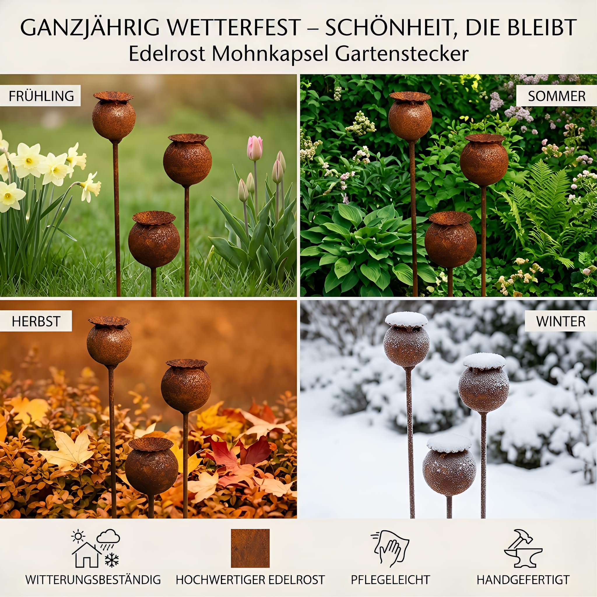 Gartenstecker Rost Deko Mohn Mohnkapsel Metall Rost Gartendeko Edelrost für Frühling, Garten, Wohnzimmer, Balkon (3er Set Mohnkapsel A)