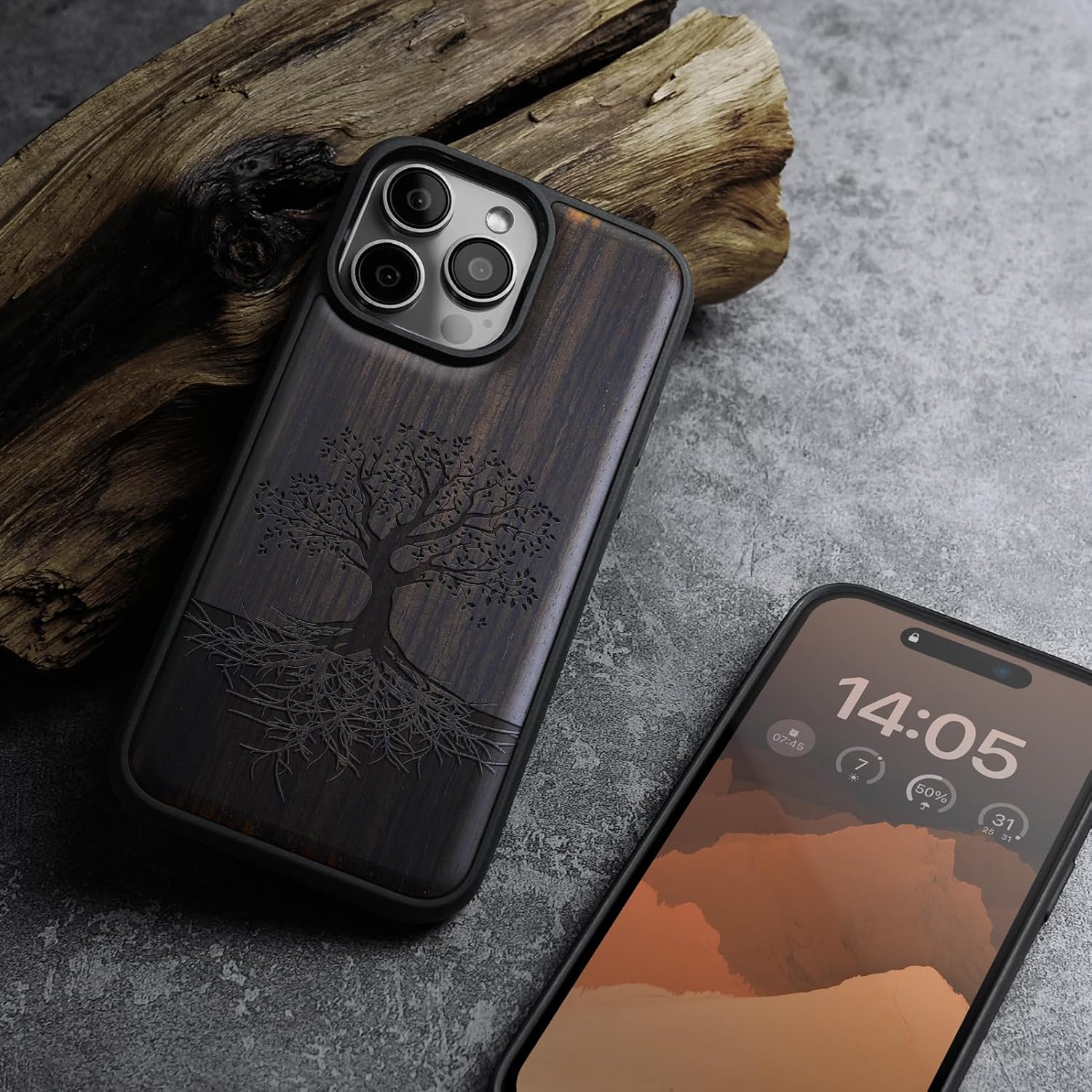 Carveit Magnetic Wooden Case for iPhone 16 Pro Case, Wood Artisan Engraved & Black Soft TPU Shockproof Cover, Compatible with MagSafe Wireless Chargers (The Yin Yang Tree) Blackwood