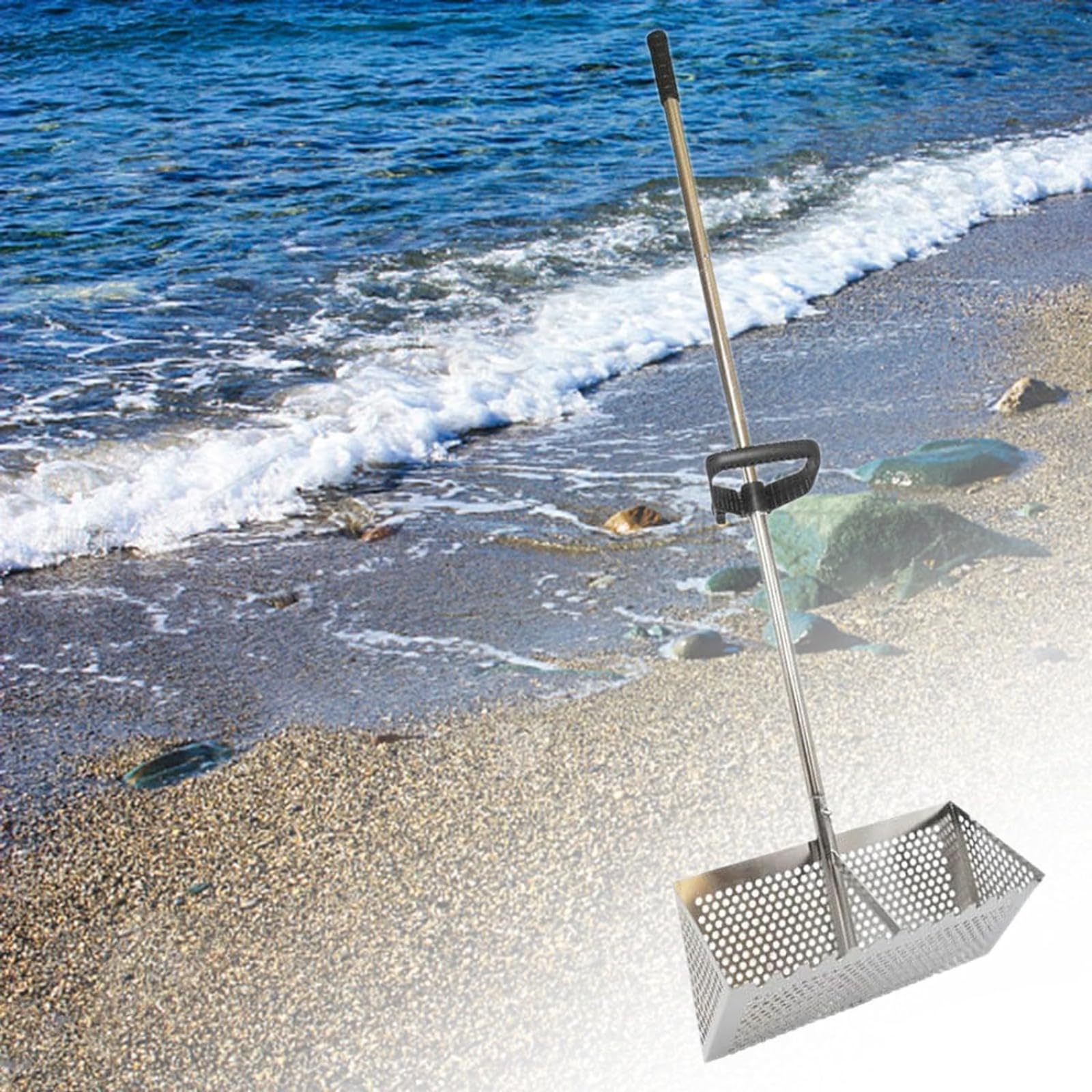 Rastrillo de Playa, Rastrillo de Mano de Poste Largo, Cesta Ancha, Rastrillo de Acero, Herramienta Plegable, Rastrillo de Arena Ergonómico