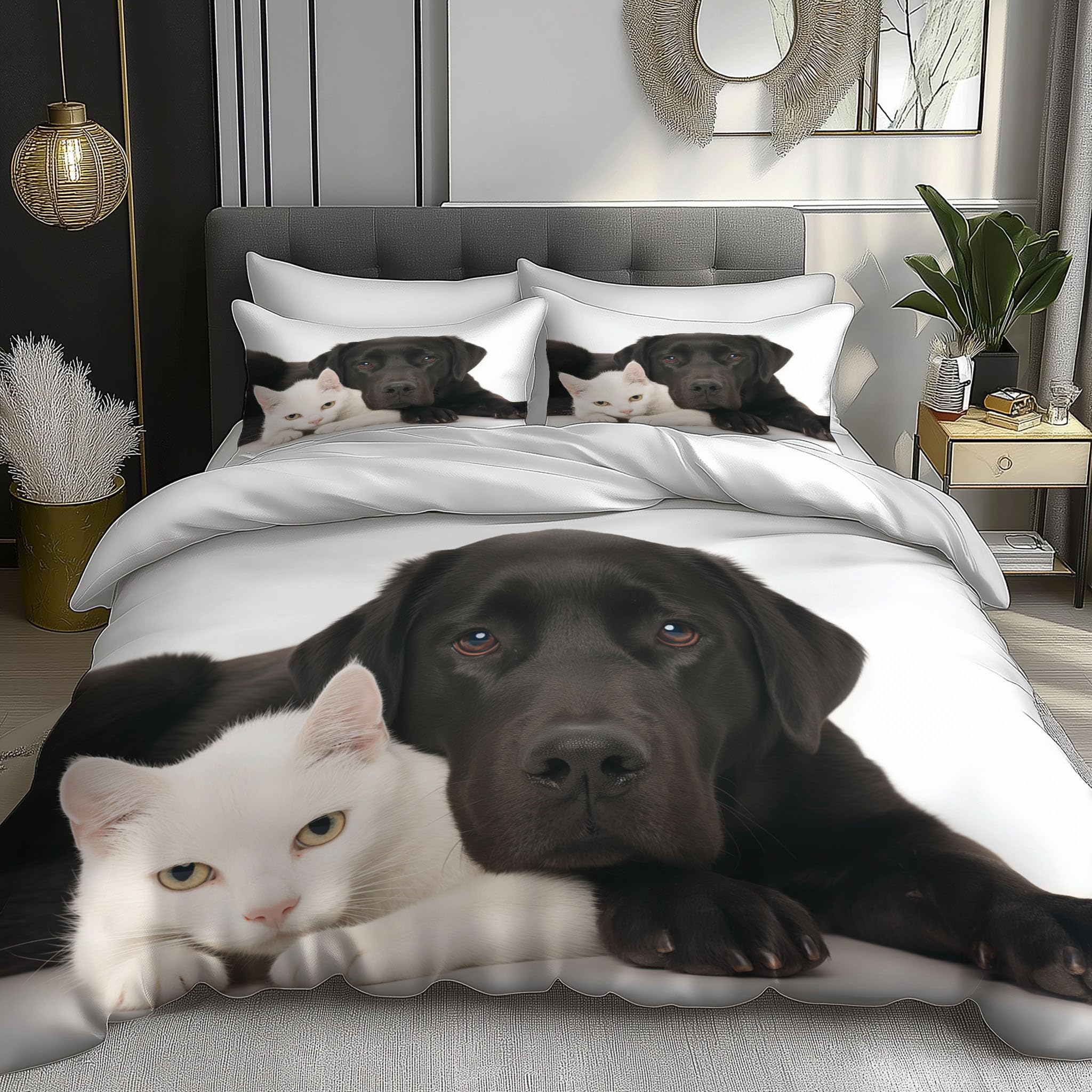 Parure de lit chien noir chat blanc housse de couette 220x240cm