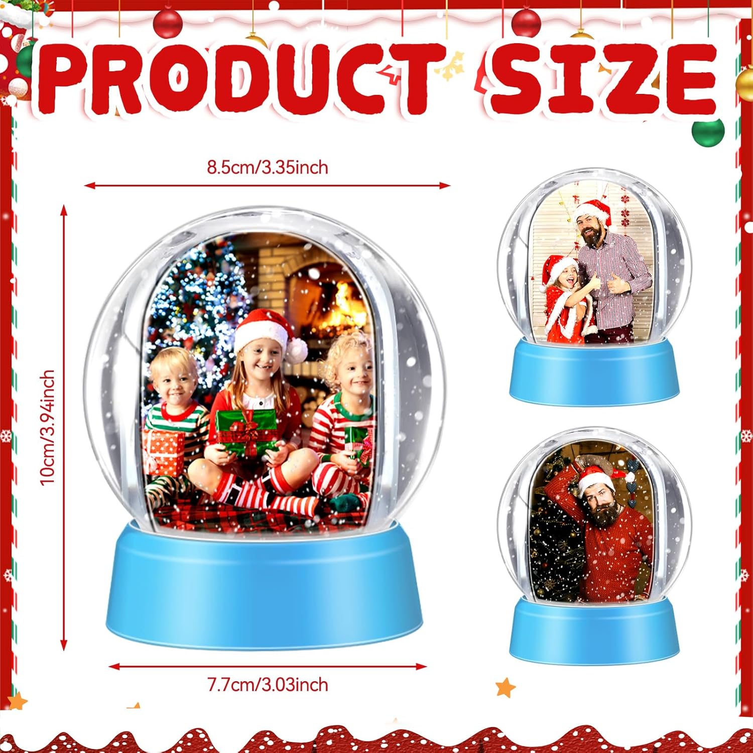 Wettarn 12 Pcs DIY Crafts Clear Plastic Mini Snow Globes with Base Liquid Photo Frame for Christmas Xmas Family Friends Thanksgiving Gifts Tabletop Display (Blue)