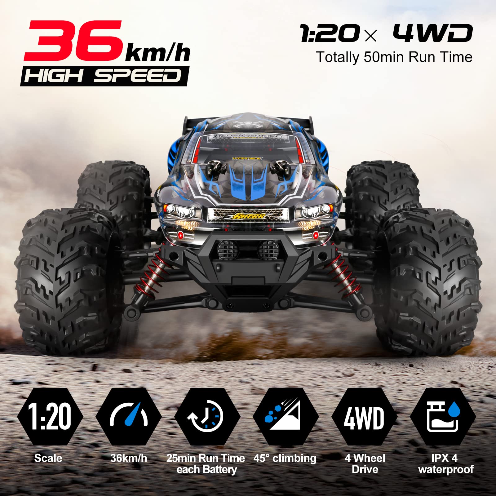 YONCHER YC100 1:20 Coche Teledirigido, 4WD Offroad RC Coche con 36+ Km/h, 2.4GHz Crawler Camiones de Control Remoto Juguete con 2 Baterías 50min Tiempo de Juego, Regalo para Niños y Adultos Combo