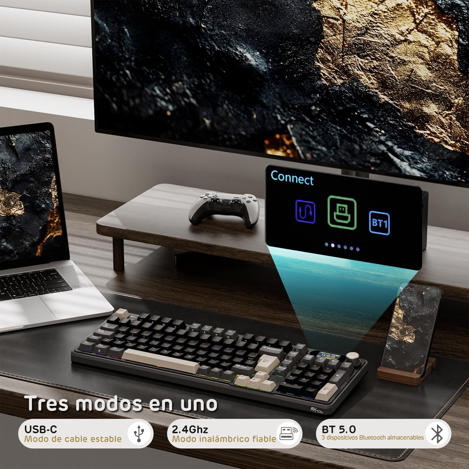 RK ROYAL KLUDGE S98 ES Teclado Mecánico con Smart Display y Botón, Montaje Superior 96% Teclado Mecánico Inalámbrico BT/2.4G/USB-C, Hot-Swappable, Soporte de Software, 98 Teclas, QWERTY Español