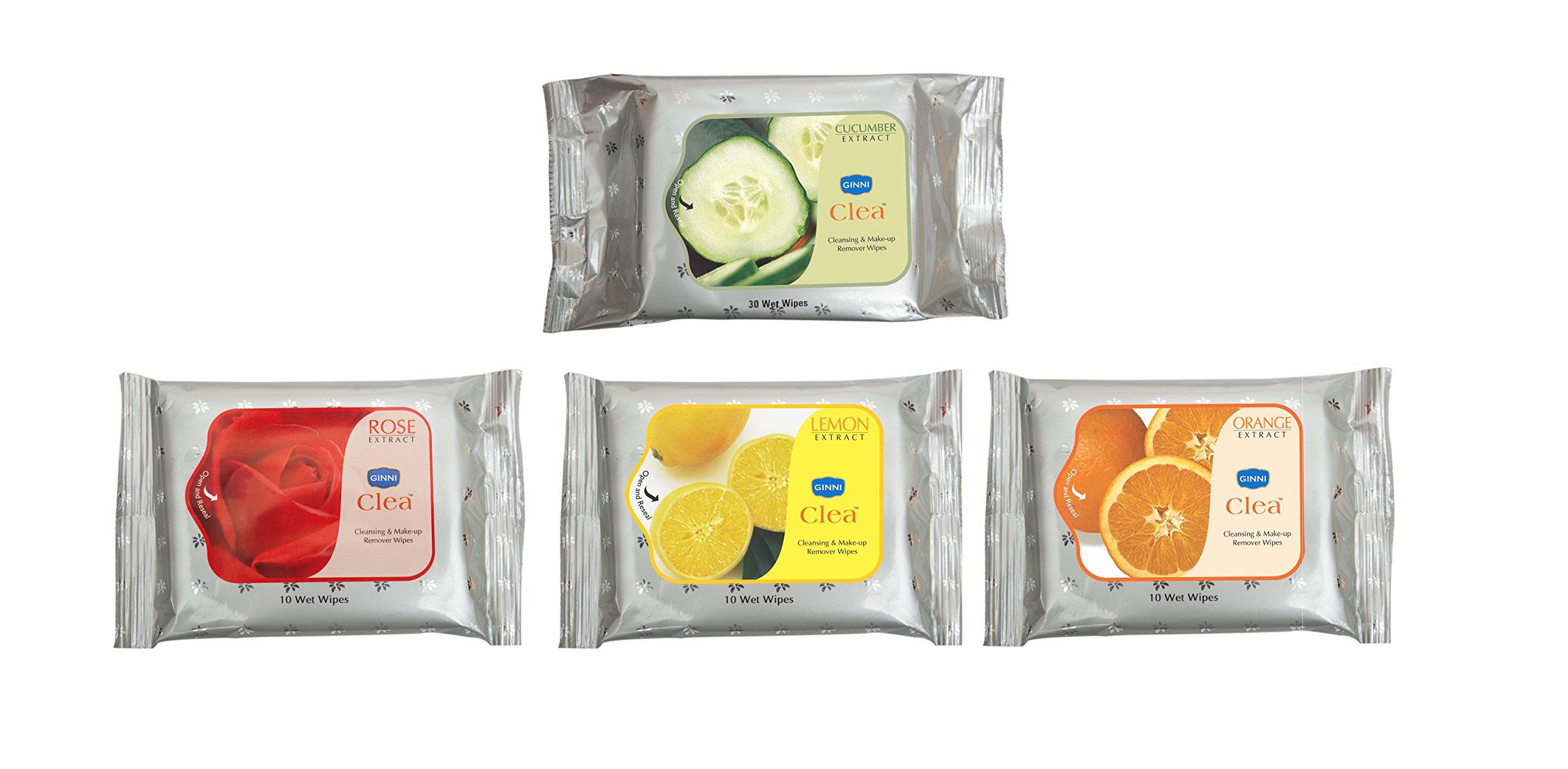GINNI CLEA Cleansing & Refreshing Wipes Makeup Remover Wipes Wet Wipes for Face Moisturizing Tissues - Cucumber, Rose, Lemon & Orange, 40 Counts (Pack of 4-10 counts each)