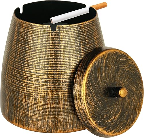 Miniatura 15 de Cenicero pequeño retro sin olor con tapa para cigarrillos al aire libre resistente a la lluvia, cenicero decorativo de metal para patio, exterior