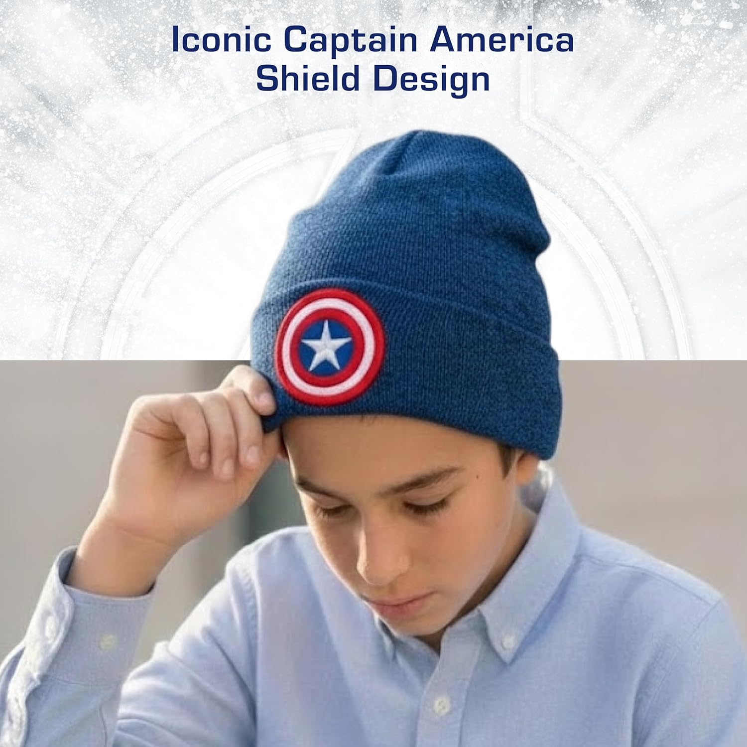 Marvel Captain America Beanie Hat, Adult Acrylic Cuffed Winter Knit Cap for Men and Women, Navy, One Size - Image 3