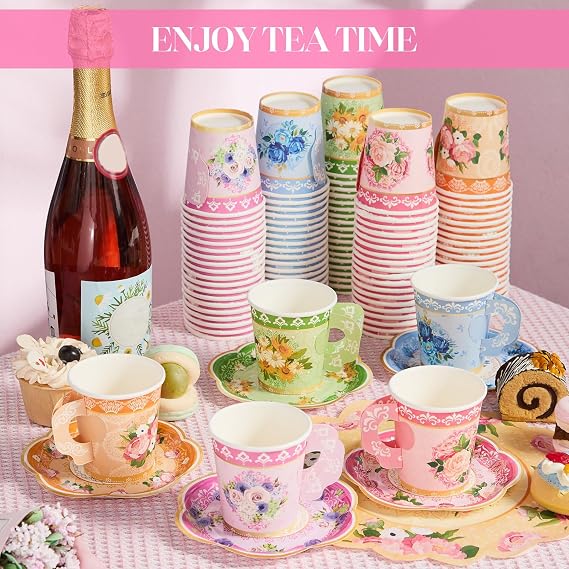Nuogo 300 Pcs Vintage Floral Disposable Tea Party Set with Handles - Tea Cups, Saucers, Plates, Napkins for 100 Guests, Summer Party Supplies for Birthday Baby Shower Wedding