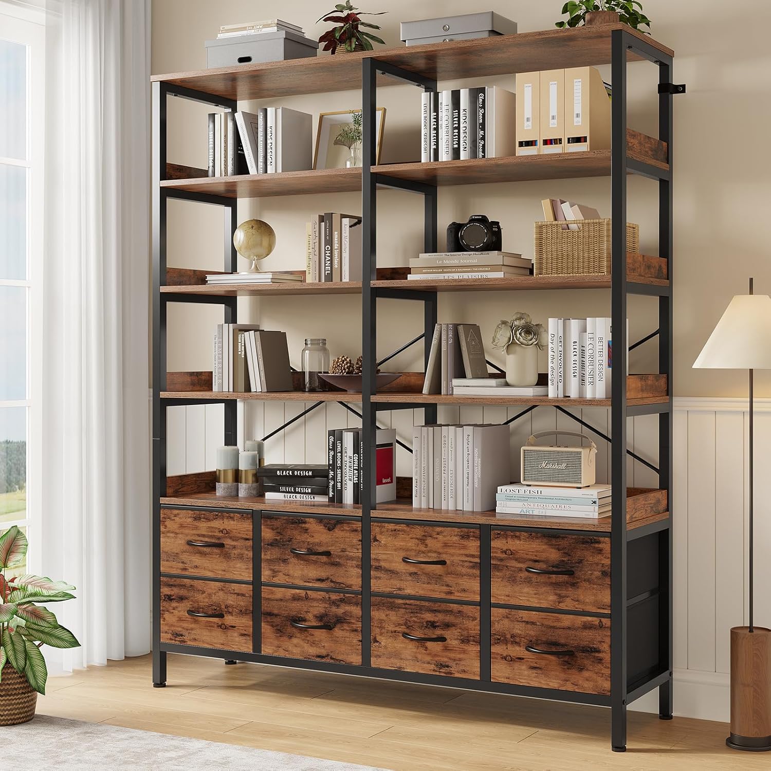 Bookshelf with 8 Fabric Drawers 7-Tier Bookcase with Baffles Display Shelves Industrial Large Book Shelf for Living Room