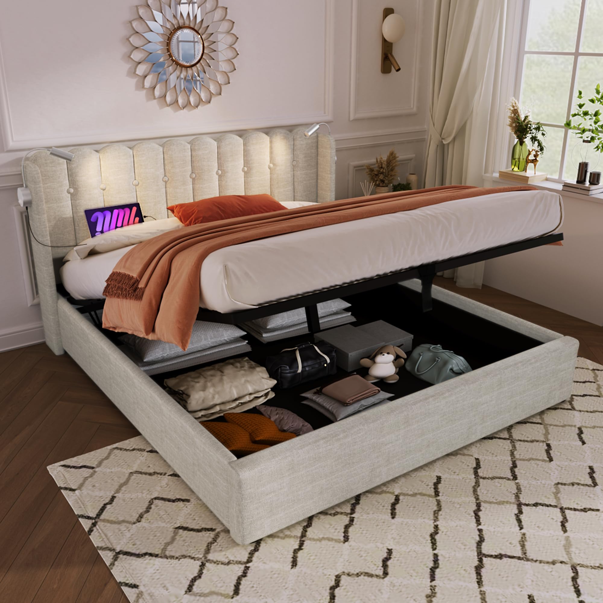 Emporius Avilla Gestoffeerd Bed Bouclé 200 X 200 - Tweepersoonsbed Met Opbergruimte, Bed Met Opbergruimte Bed Met Bedlade Creme Anthology 1