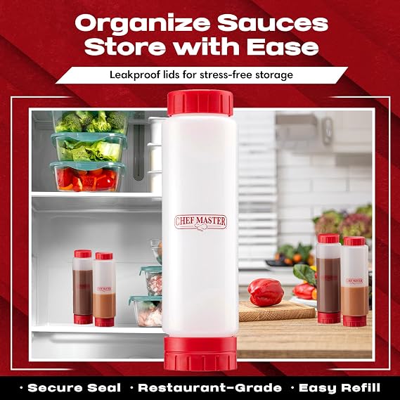 Chef Master 20 Oz. Squeeze Bottles for Sauces (6-Pack) - FIFO, Inverted - Condiment Squeeze Bottles for Liquids, Sauces, Batter & Dressing - Fill & Flip, Refillable - For Restaurants & Diners - 90291