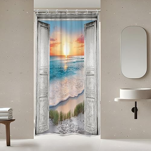 Miniatura 14 de Riyidecor - Cortina de ducha para puerta de granero con temática de playa oceánica gris para decorar el baño, 72 pulgadas de ancho x 72 pulgadas de