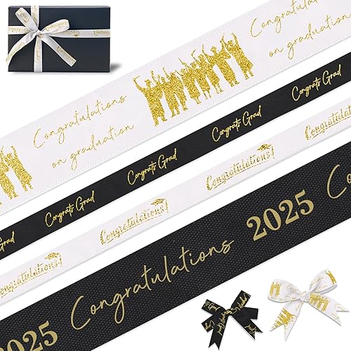 4 rollos de cintas de graduación 2025 para manualidades, cintas de grogrén de 1 pulgada y 38 pulgadas de ancho, cintas blancas y negras impresas