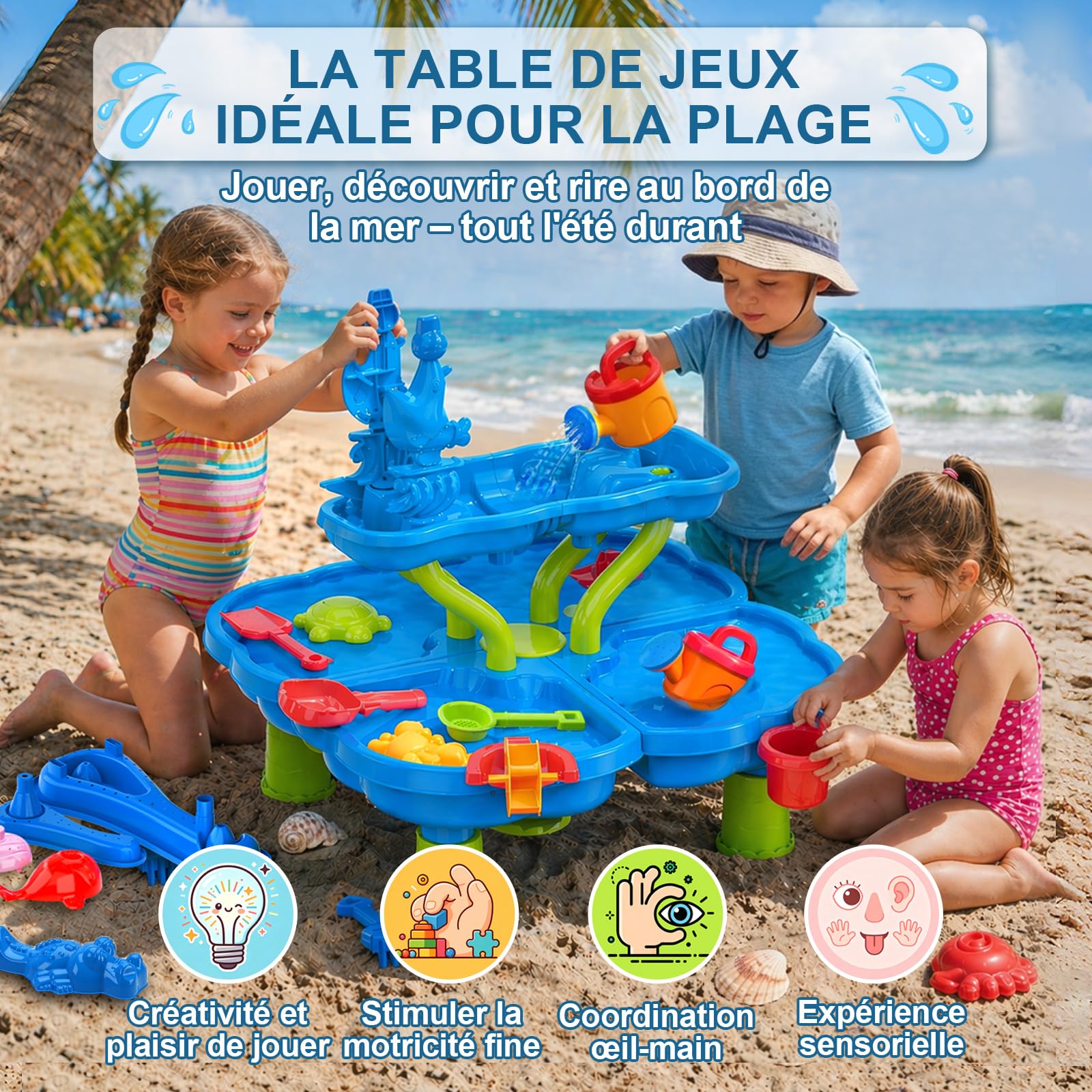 Table de Jeux d’Eau pour Enfants, Table de Sable et d’Eau à 4 Niveaux avec Accessoires de Bac à Sable, Grande Table d’Eau pour Jardin, Plage et Été, Jouet d’Eau pour Enfants dès 3 Ans