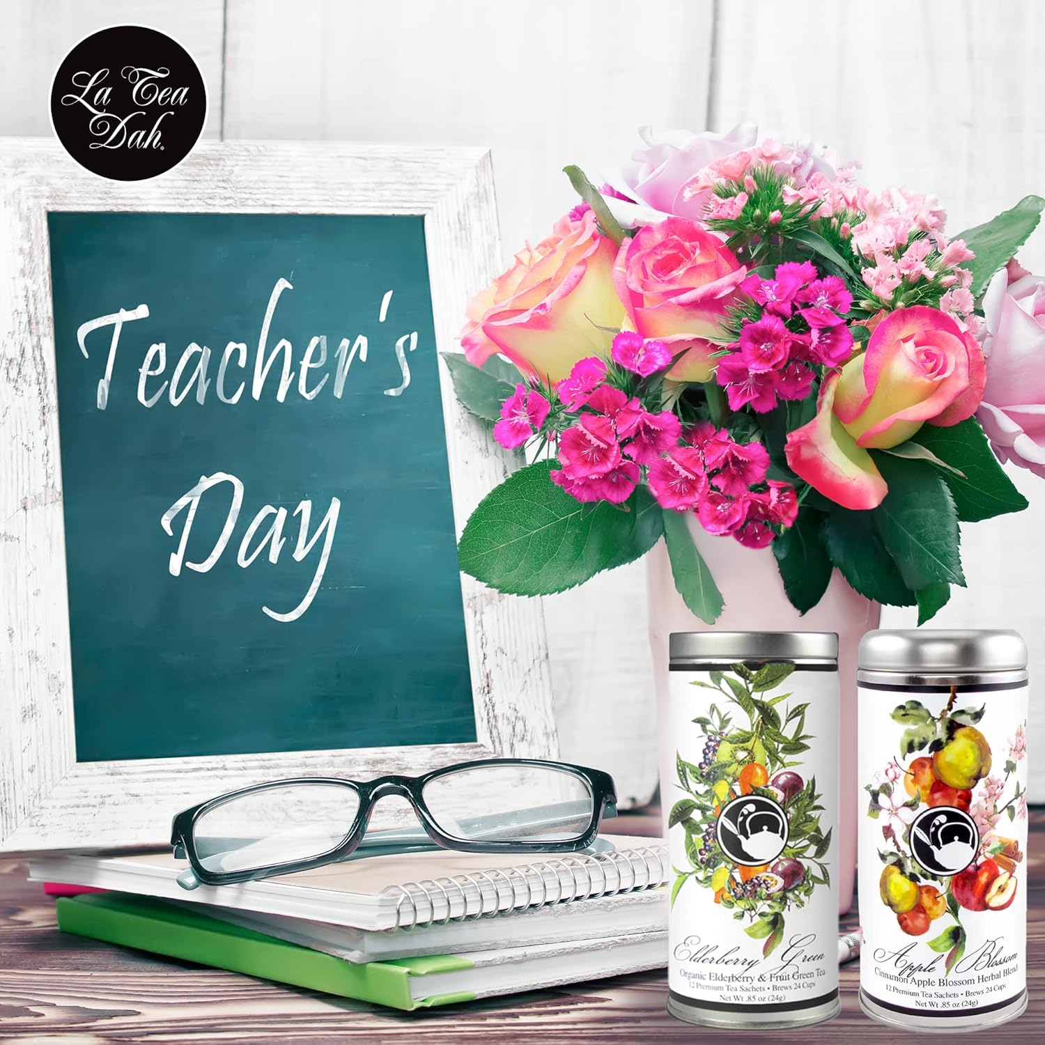 Floral Tea Teacher Gift Basket by La Tea Dah, Unique Teachers Appreciation Gifts for Women, Two Premium Assorted Flavors & Two Honey Stirrers in Gift Box (12 Sachets)