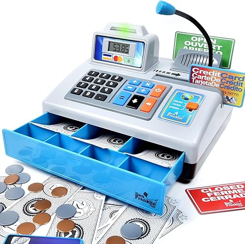 Ben Franklin Toys Talking Toy - Caja registradora de 69 piezas STEM Learning con 3 idiomas micrófono de paginación tarjeta de crédito tarjeta