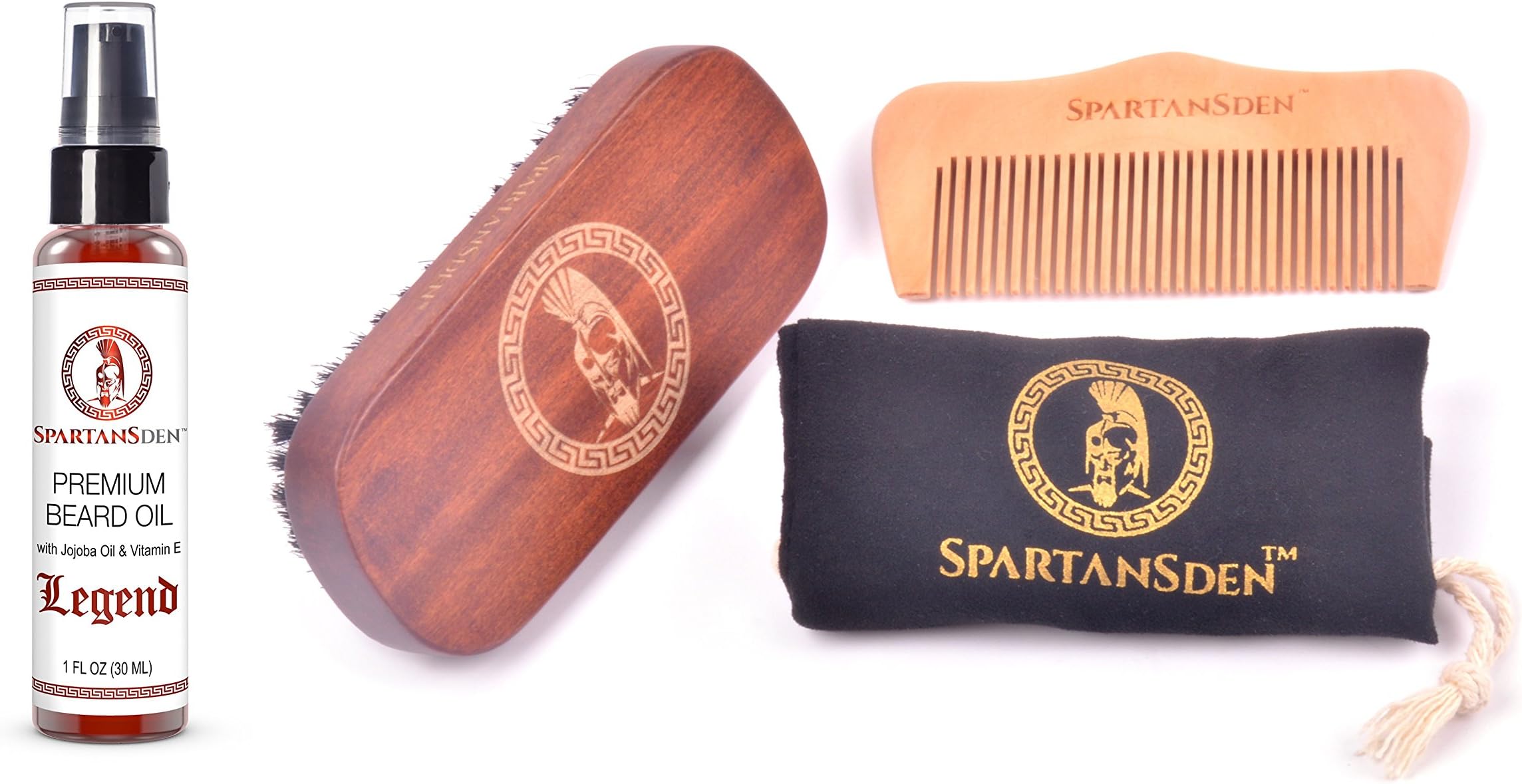 Sale | Spartans Den Beard Care Kit | 100% Boar Beard Brush, Pearwood Beard Comb, Premium Beard Oil & Travel Bag | 100% Satisfaction Guaranteed