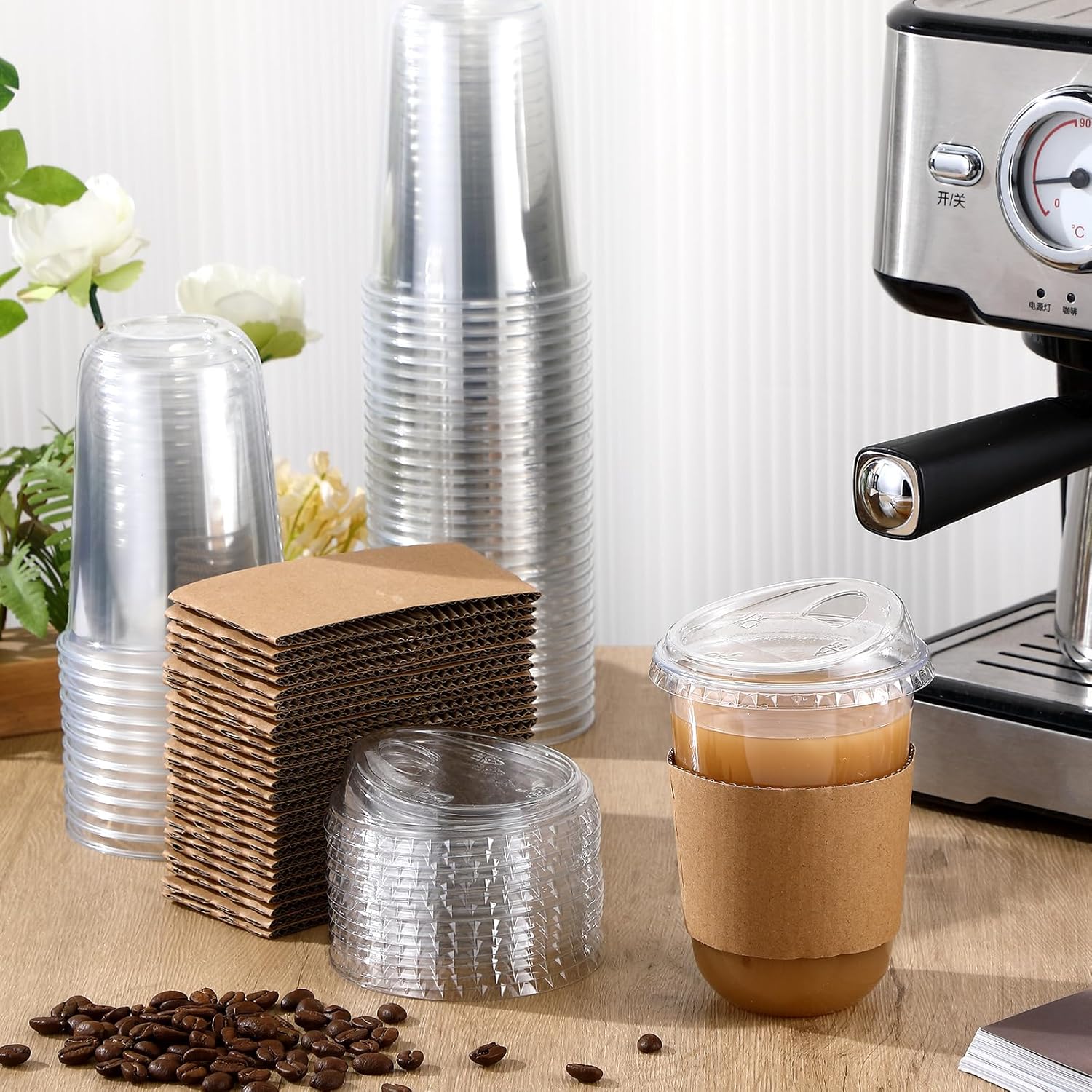Baderke 50 Sets Clear Plastic Coffee Cups with Sip Lids and Cup Sleeve, Disposable Clear Pet Cups for Iced Coffee Cold Beverage, Shops and Party Catering (16 oz) - Image 2