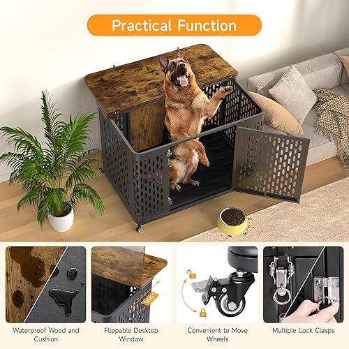 Miniatura 5 de Mueble resistente para perros grandes y medianos, jaula de perro grande de 43.7 pulgadas con tapa abatible, cojín y ruedas, jaula para mascotas a