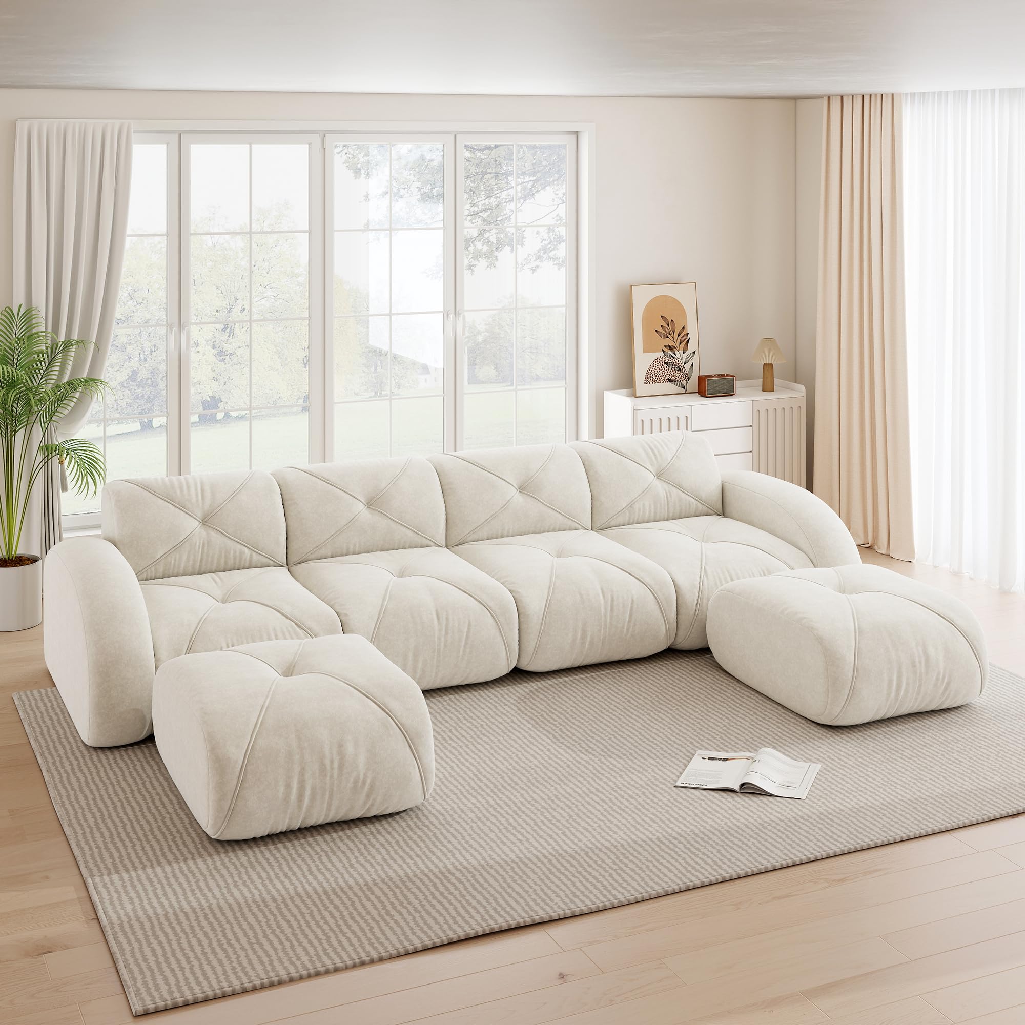 Sofá modular en forma de U de 4 plazas con 2 taburetes, sofá nube sin marco de chenilla, sofá de salón suave, antideslizante, flexible, combinable, sin montaje, salón blanco