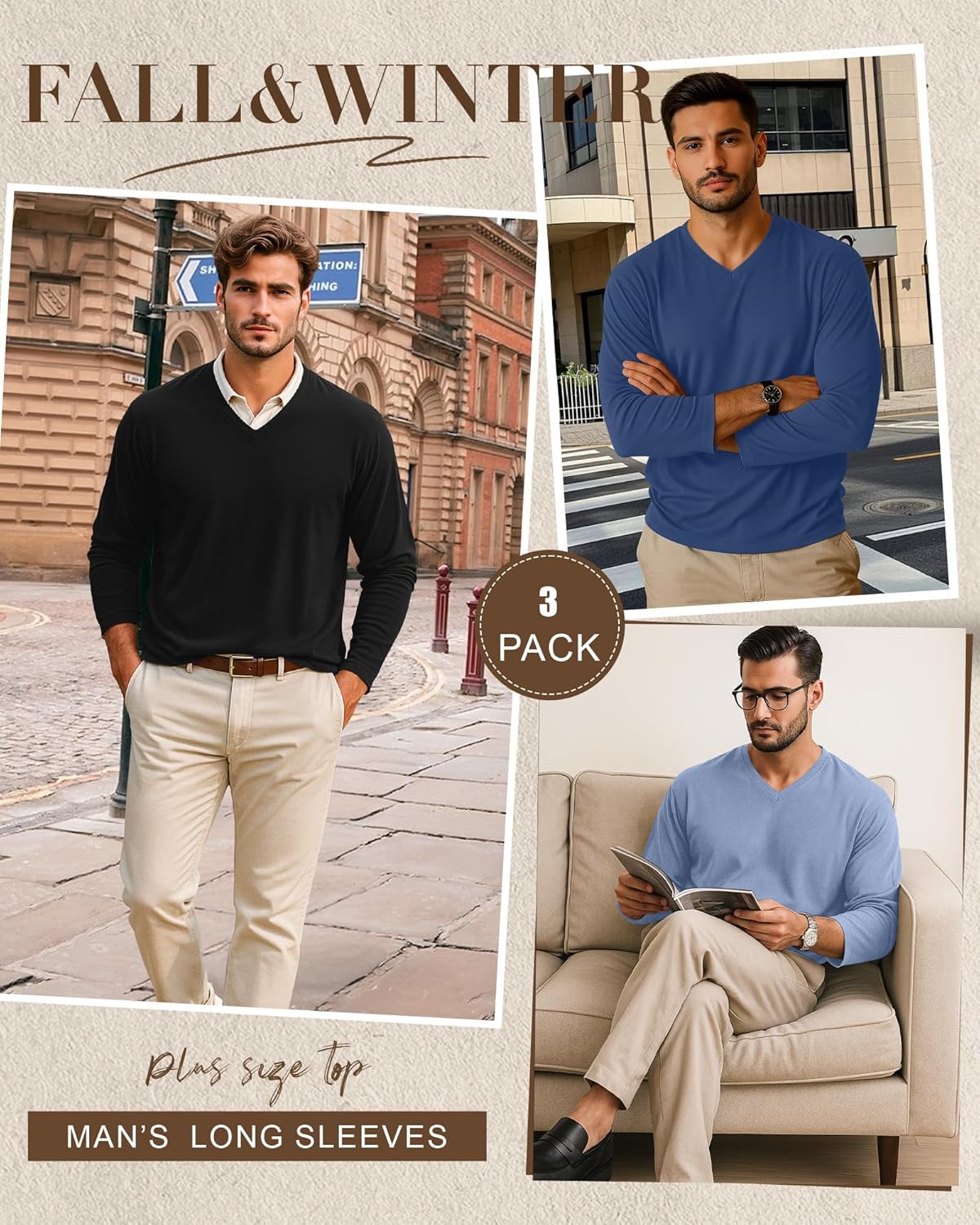 3 Pack Men's Big and Tall Shirts Thermal Fleece Lined Long Sleeve Tops V Neck Sweatshirts Base Layer Tees Winter - Image 2