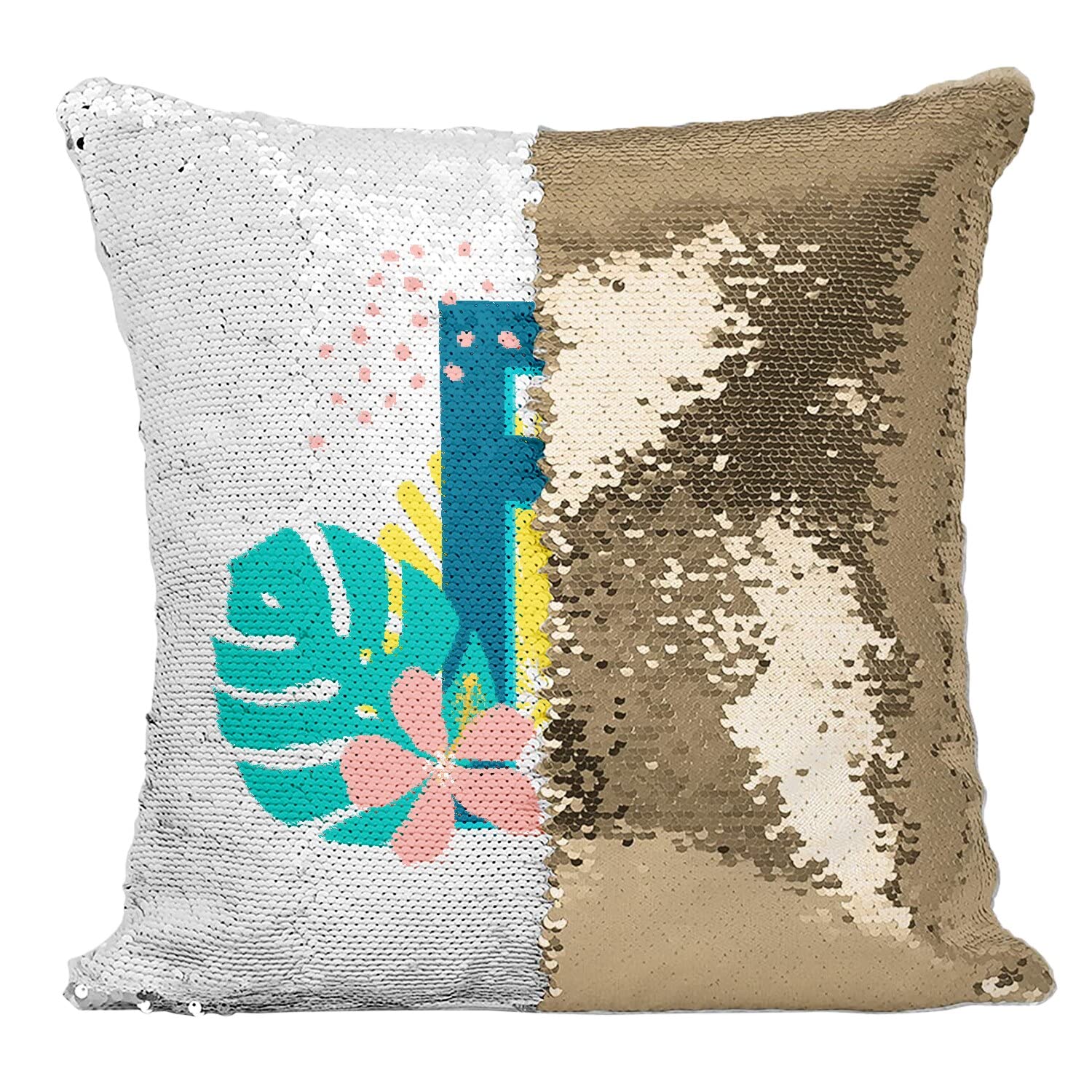 Housse Sequin Paillettes Doré Lettre P Magique et Réversible Fleurs Tropicales