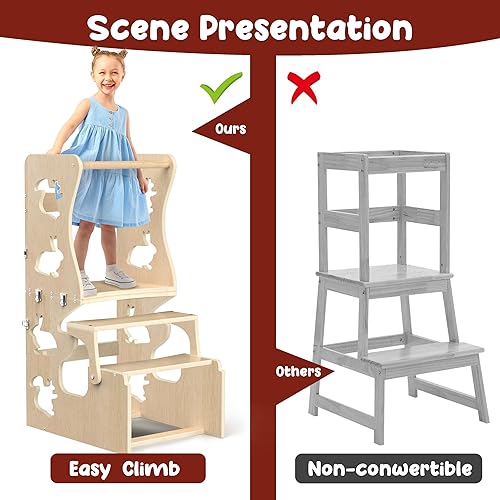 Miniatura 6 de UROSULO Montessori Taburete para niños pequeños, torre plegable 4 en 1 para aprender, seguro y plegable, taburete de cocina para niños pequeños,