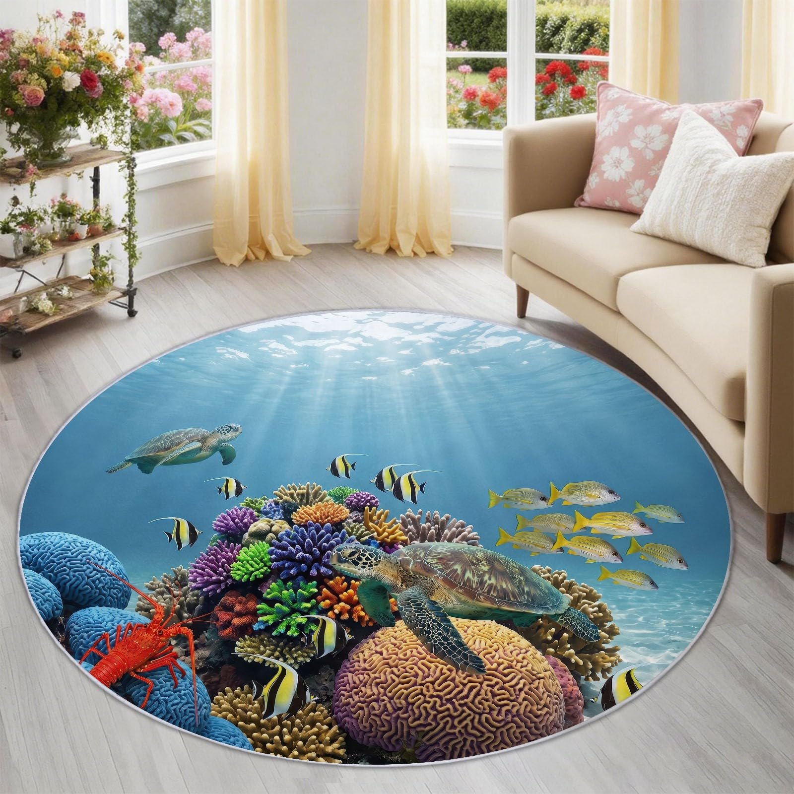 Tapis salon rond lavable en machine antidérapant 90 cm dauphin