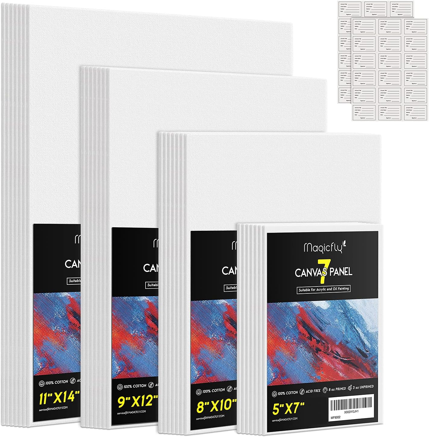 Magicfly Painting Canvas Panels, 5x7, 8x10, 9x12, 11x14 Set of 28 Canvas Boards for Painting, 100% Cotton, with Label Stickers and MDF Board Core, for Acrylic Paint, Oil Paint Dry & Wet Art Media