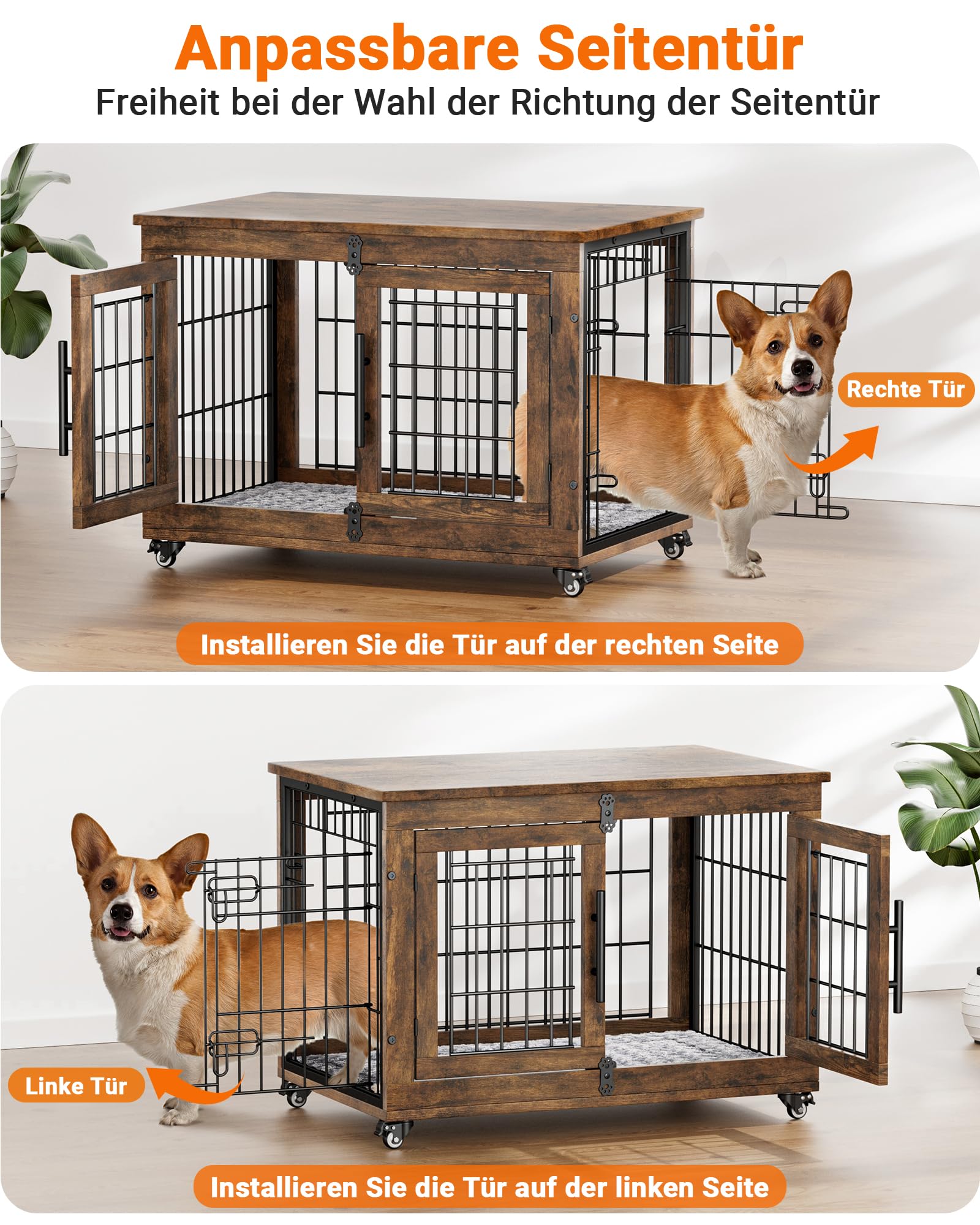 GIKPAL Hundebox für Zuhause mit Kissen, 83cm Hundekäfig Möbel für Drinnen mit Doppeltüren und Rädern, Moderne-Hundebox Holz für Klein, Mittlere Hunde bis zu 45 lb, 83x56x64cm, Rustikales Braun