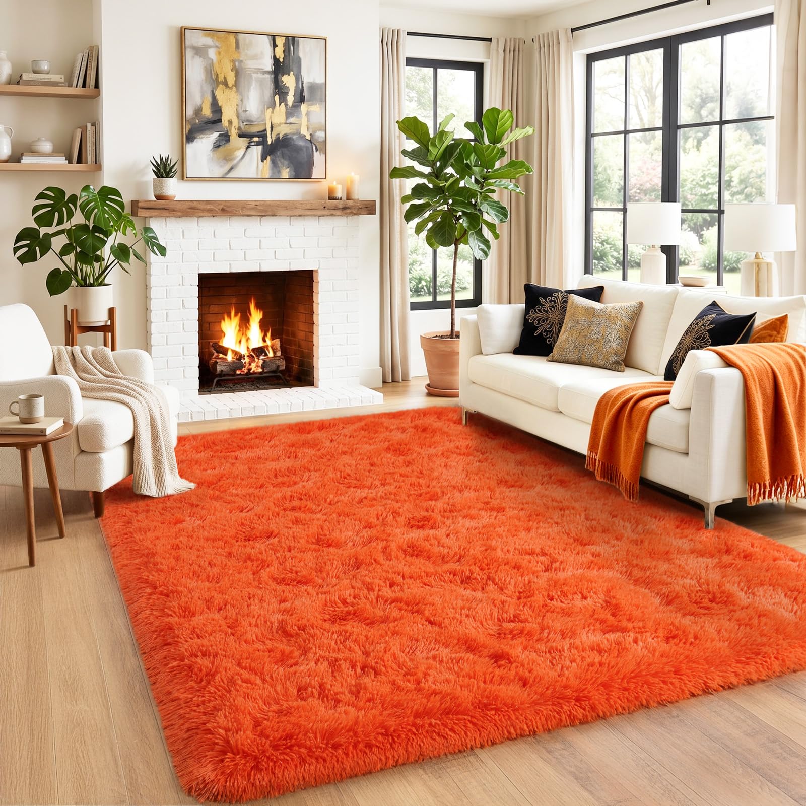 Quntue Fluffy Area Rugs for Bedroom, Soft Fuzzy Orange Rug 5x7 Feet, Shaggy Carpet for Living Room Plush Indoor Non Slip Carpets for Kids Nursery Dorm Home Decor