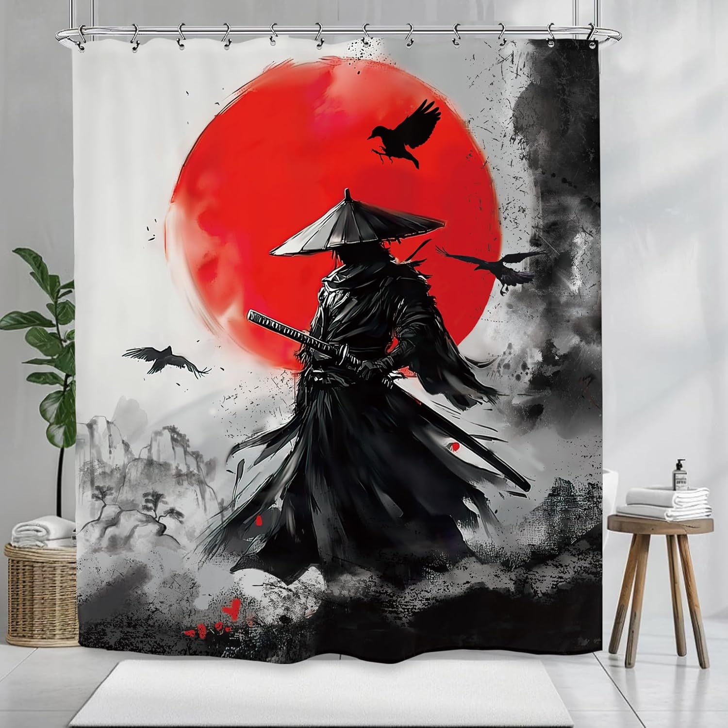 Black Red Japanese Anime Shower Curtain 60Wx72L Inch Cool Samurai Teen Boys Man Bathroom Set Accessories Decor with 12 Pack Hooks 60"W x 72"L (Pack of 1) Black Red Samurai