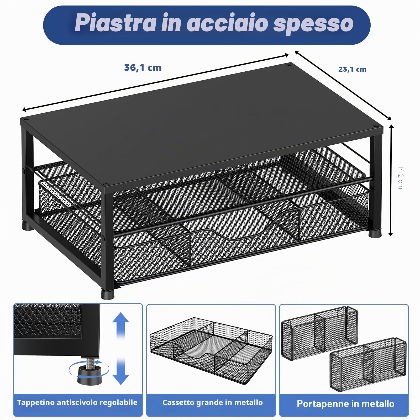 OPNICE Supporto per monitor a 2 livelli con cassetto e 2 portapenne, supporto per laptop, accessori da scrivania per ufficio, nero