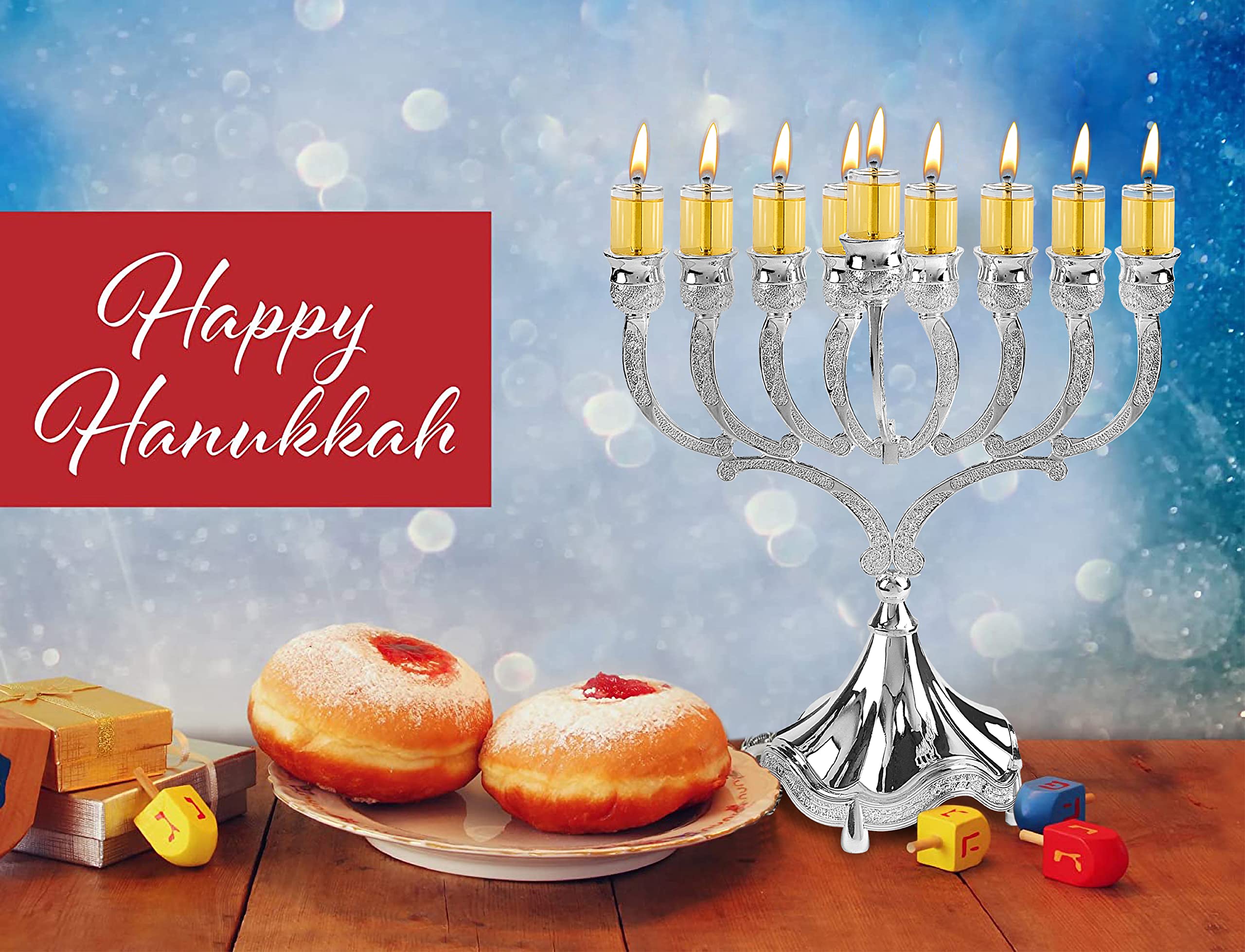 Menorah Hanukkah Placcata Argento Canukah - Con Candelieri A Foglia D'uliva, Tradizionale