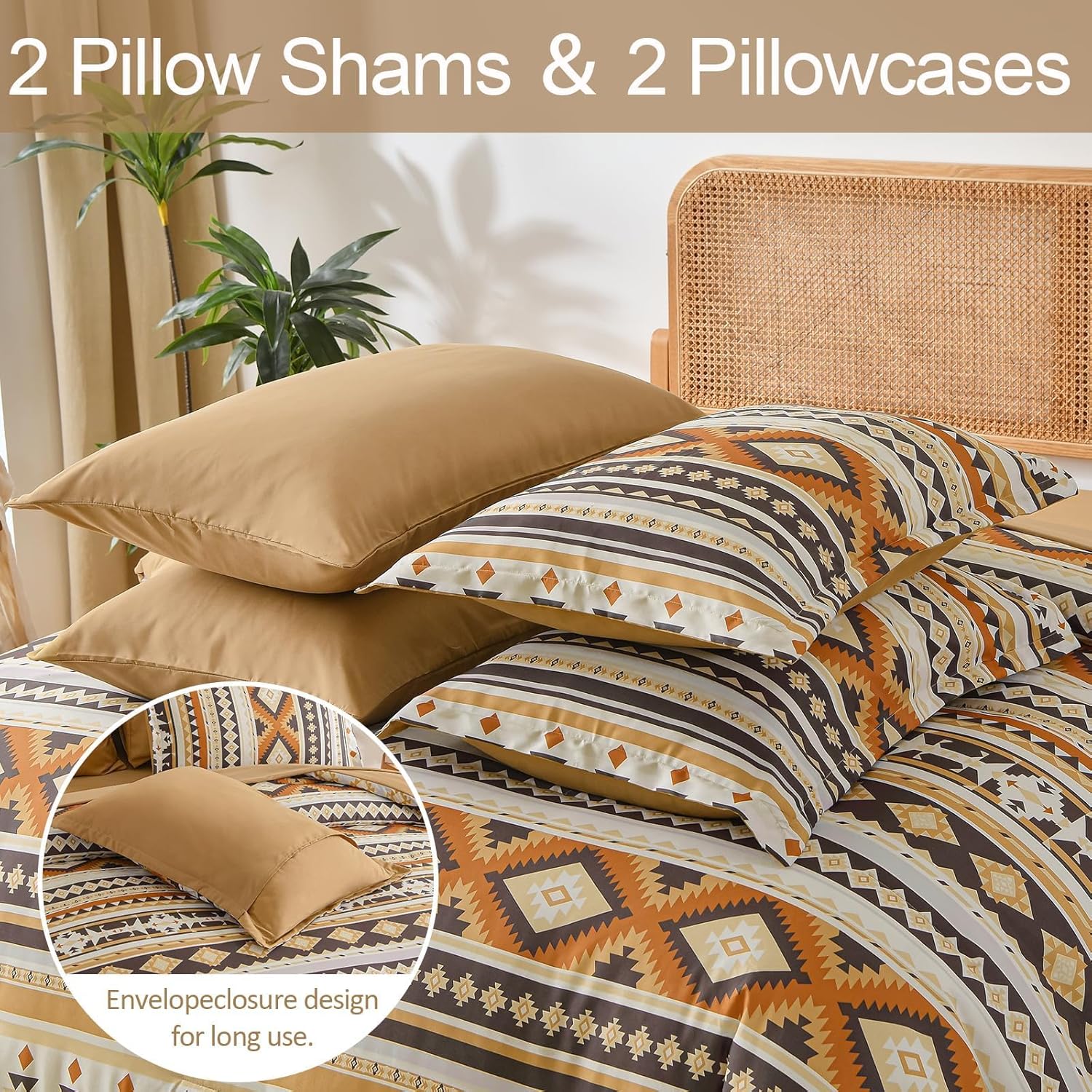 Dinjoy Comforter Set Queen Size Boho,Yellow Brown 7 Pieces Bed in a Bag Queen Fall Bedding Sets Aztec Comforters with Sheets Western Striped Complete Set for Winter Family 90"x90" - Image 6