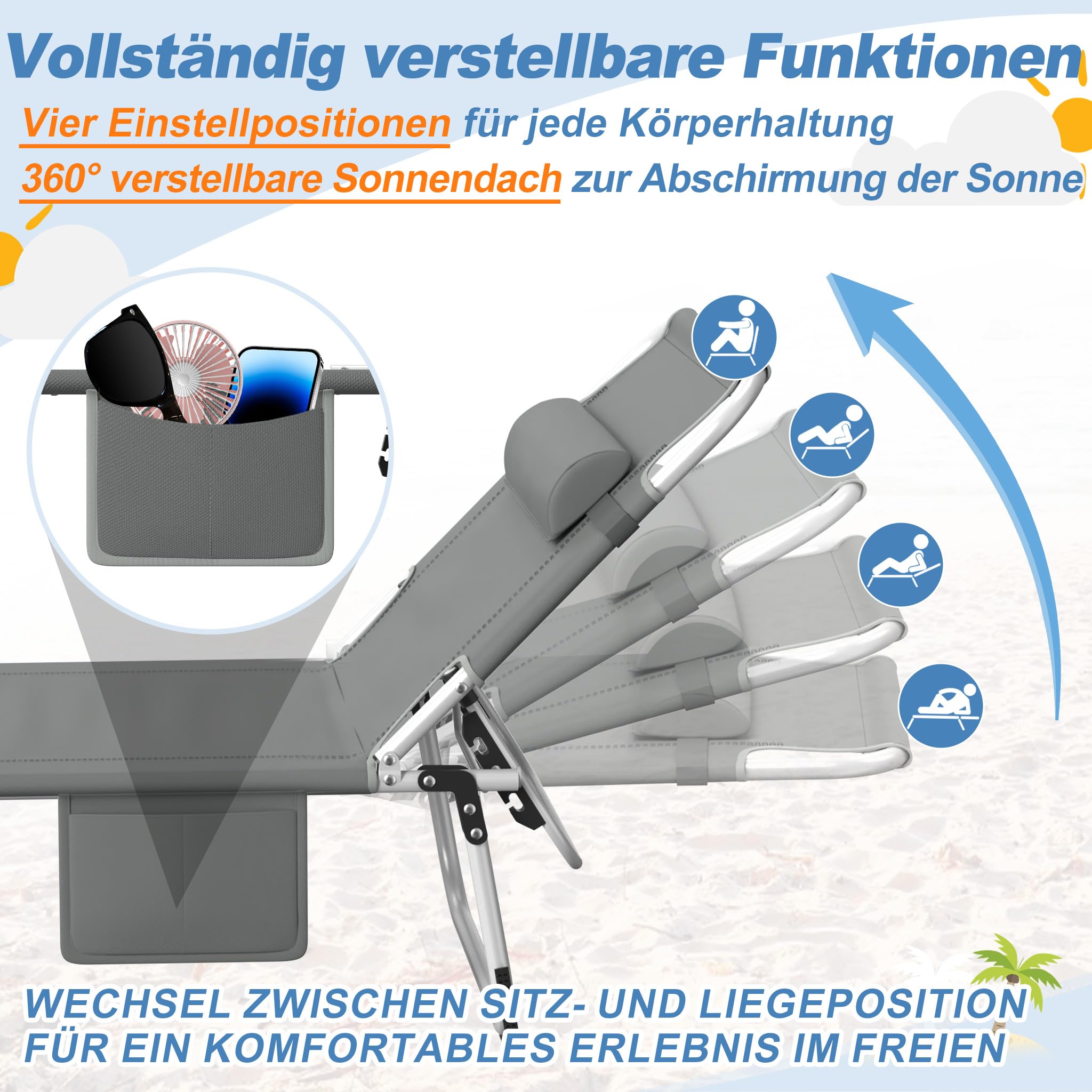 Froadp Sonnenliege Klappbar mit Dach Gartenliege Liegestuhl mit Verstellbarer Rückenlehne Kopfkissen Seitentasche Strandliege für Garten Balkon Strand Terrasse (1 Stück, Anthrazit)