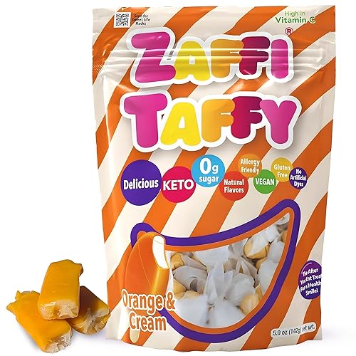 Zaffi Taffy Dulces Sin Azúcar - Sin Colorantes, Keto y Apto para Diabéticos, Golosinas Aprobadas por Dentistas para Niños (Crema de Naranja 5.0 oz)